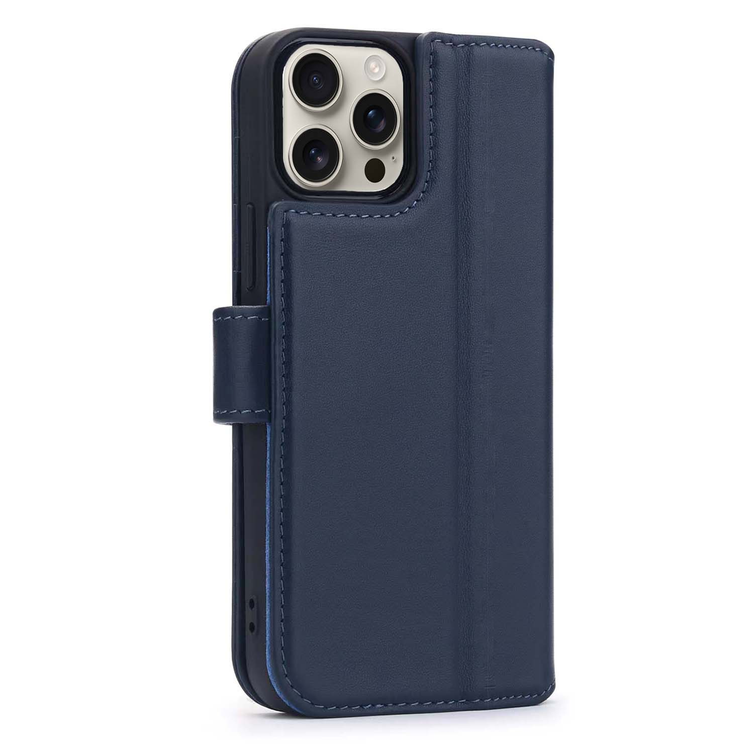 Coque de téléphone bleue en style livre, ouverte, montrant le téléphone et la caméra.