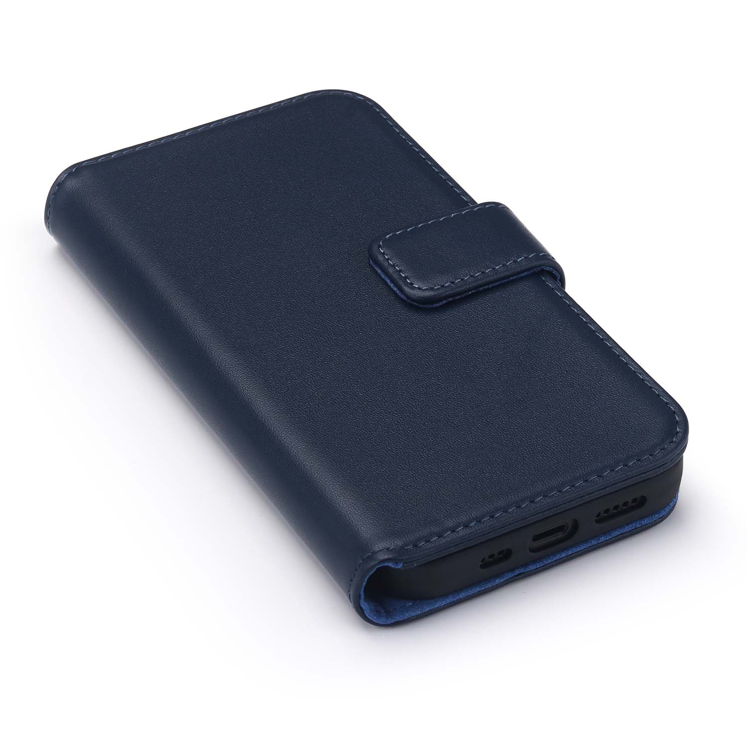 Étui de téléphone bleu fermé. L'étui est en simili cuir. L'arrière a un trou pour la caméra.