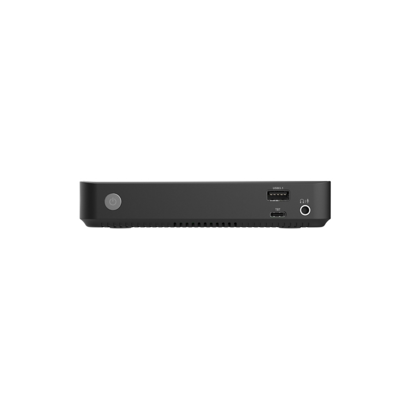 Dispositivo nero con porte: USB, TBT e jack per cuffie.