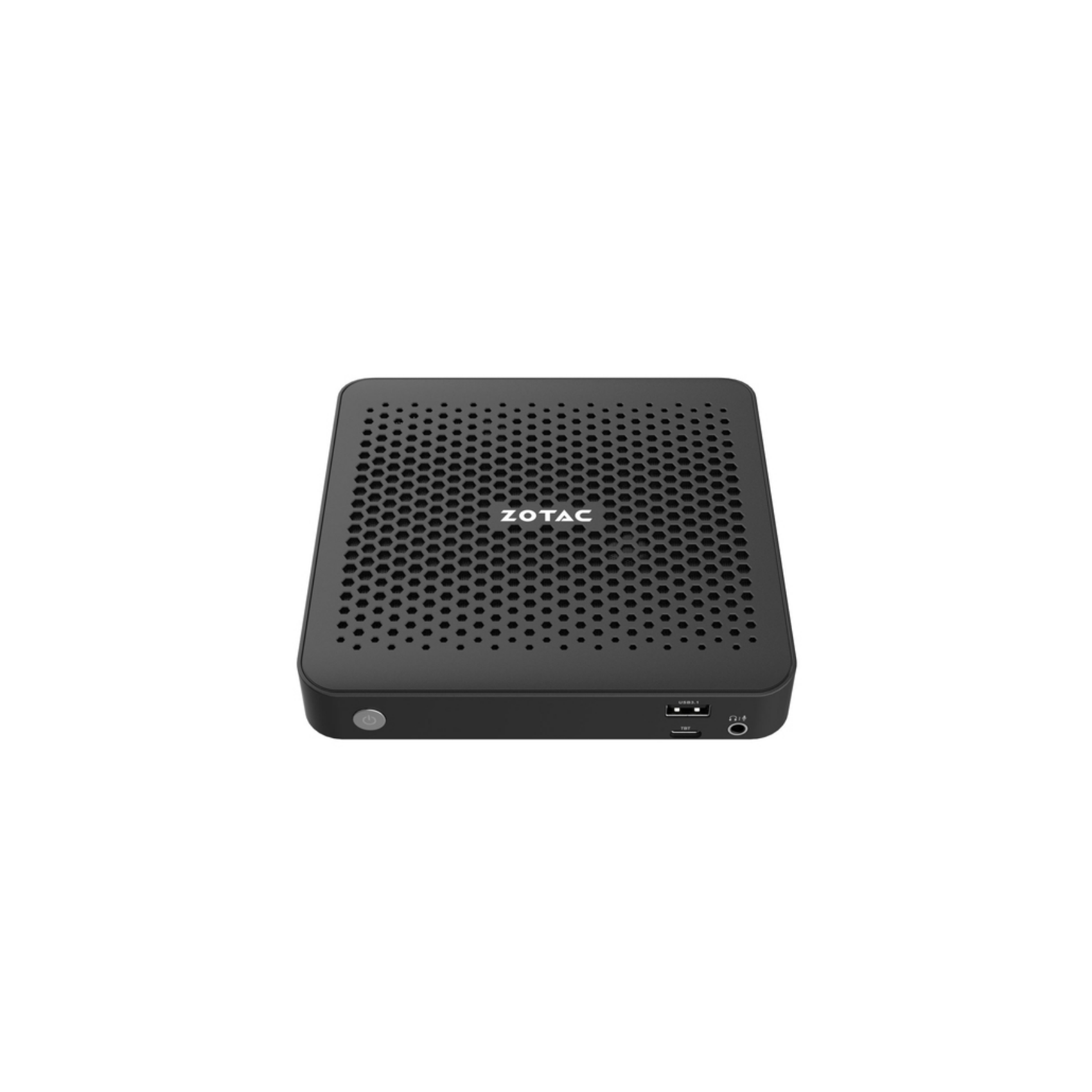 Mini PC ZOTAC nero. La superficie è perforata, con pulsante di accensione e porte USB.