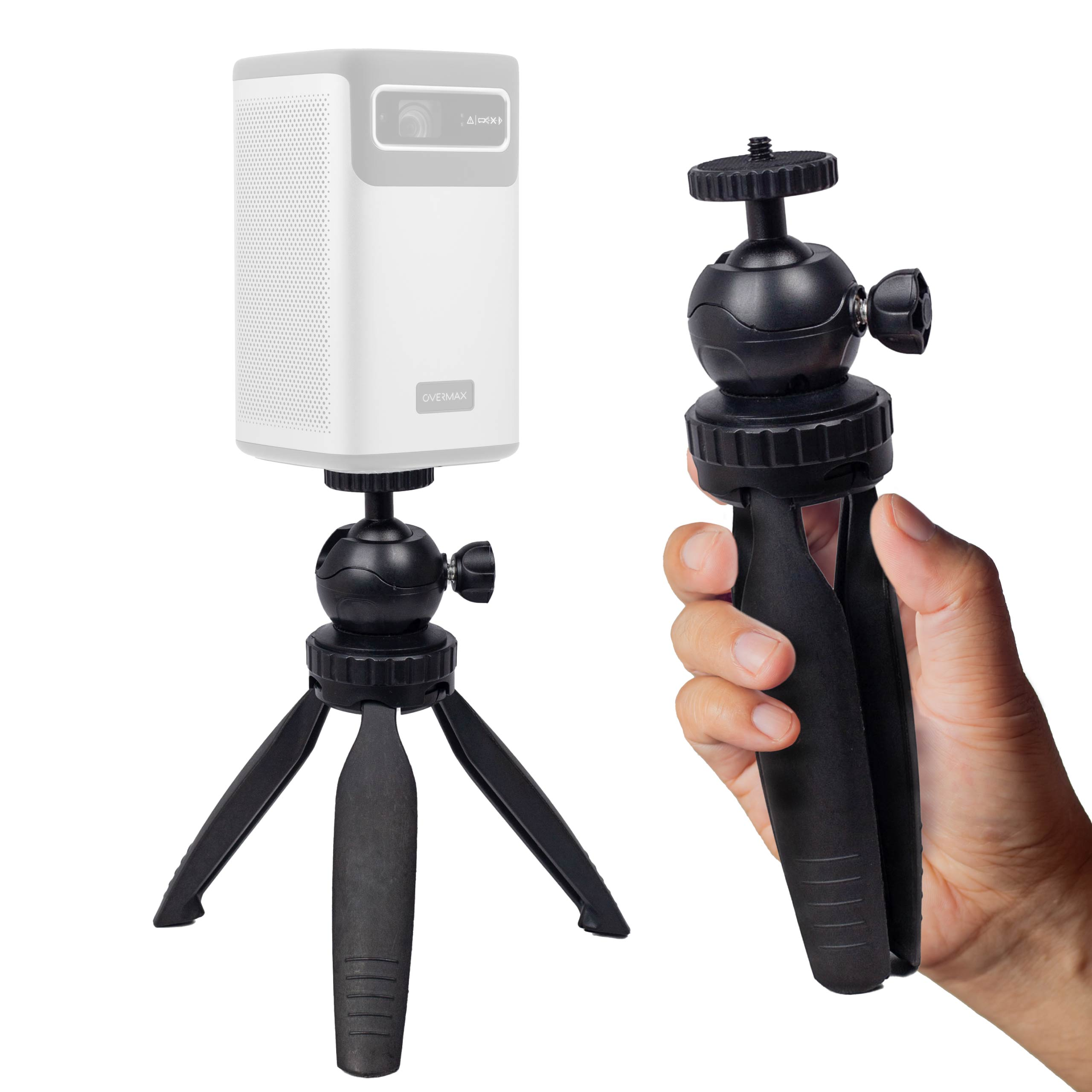 White projector on a tripod and a black handle tripod stand held by a person.