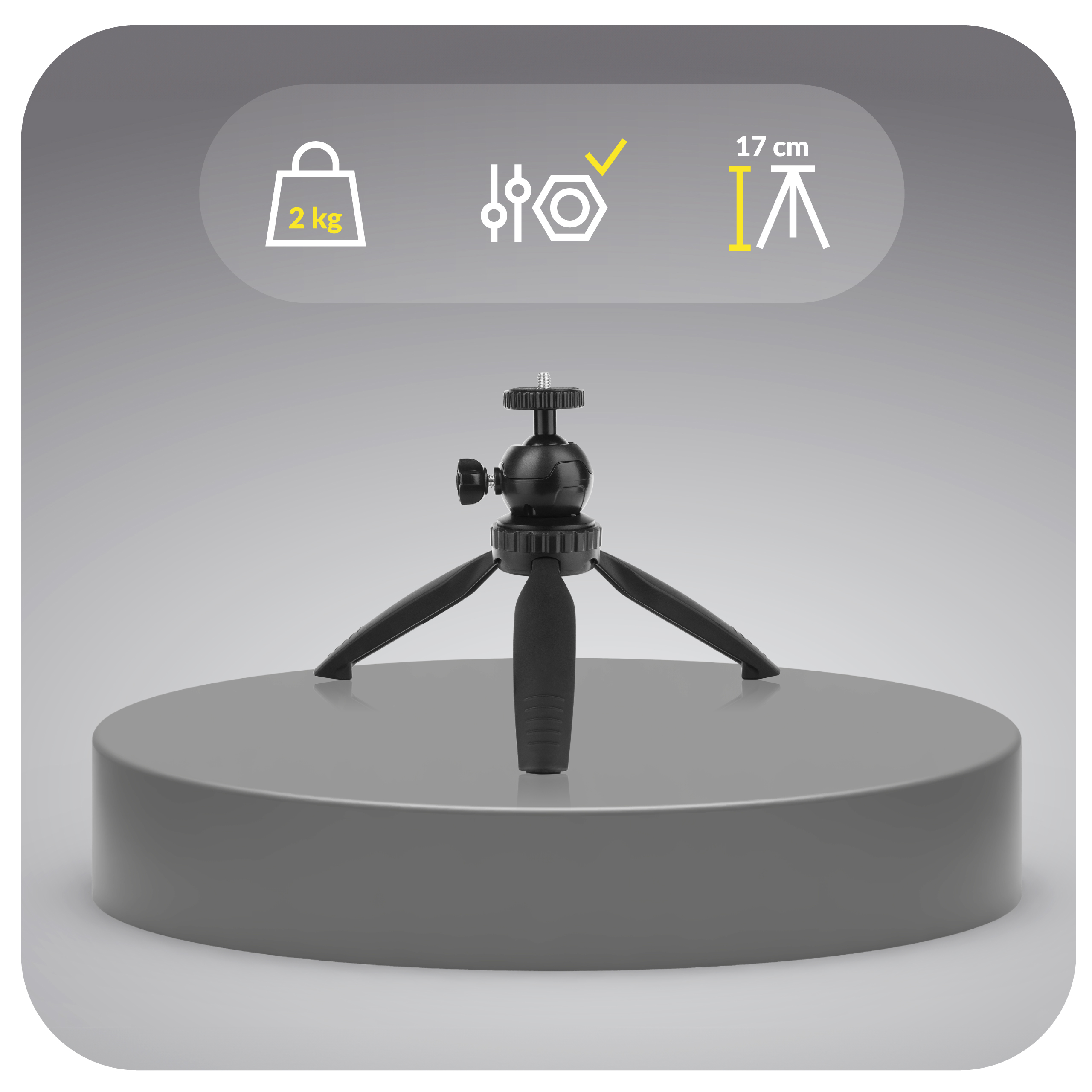 A black tripod on a gray platform with icons showing weight, checkmark, and height.
