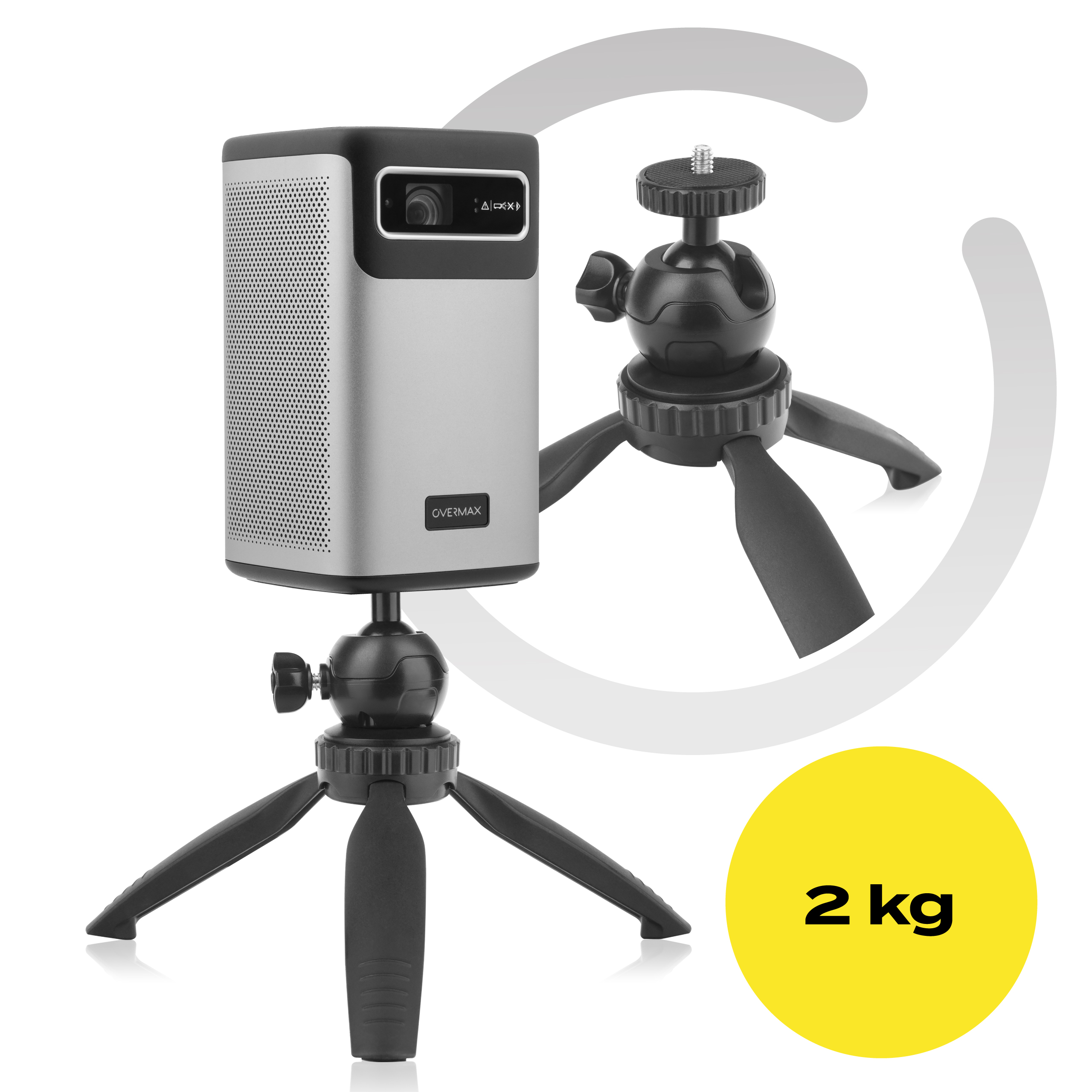 Silver projector with a black tripod. A yellow circle with text says 2 kg. The background is gray.
