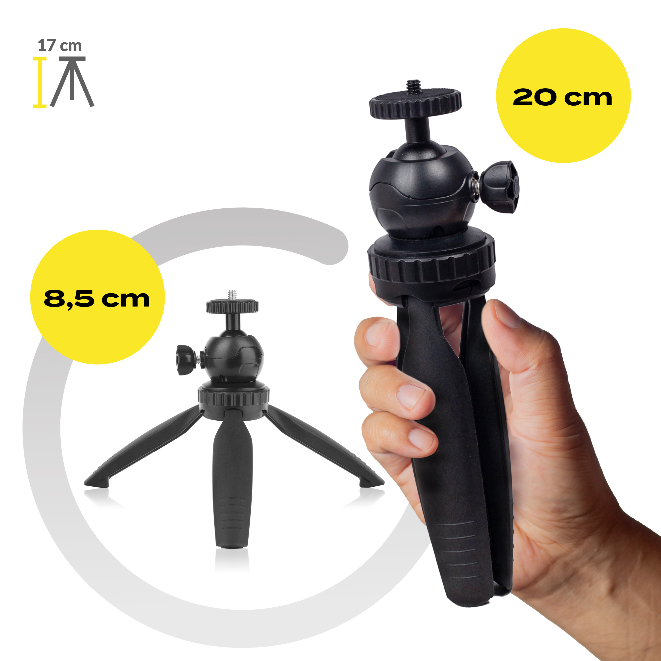 Black tripod held by hand, with measurements shown. Another tripod image is shown with dimensions.