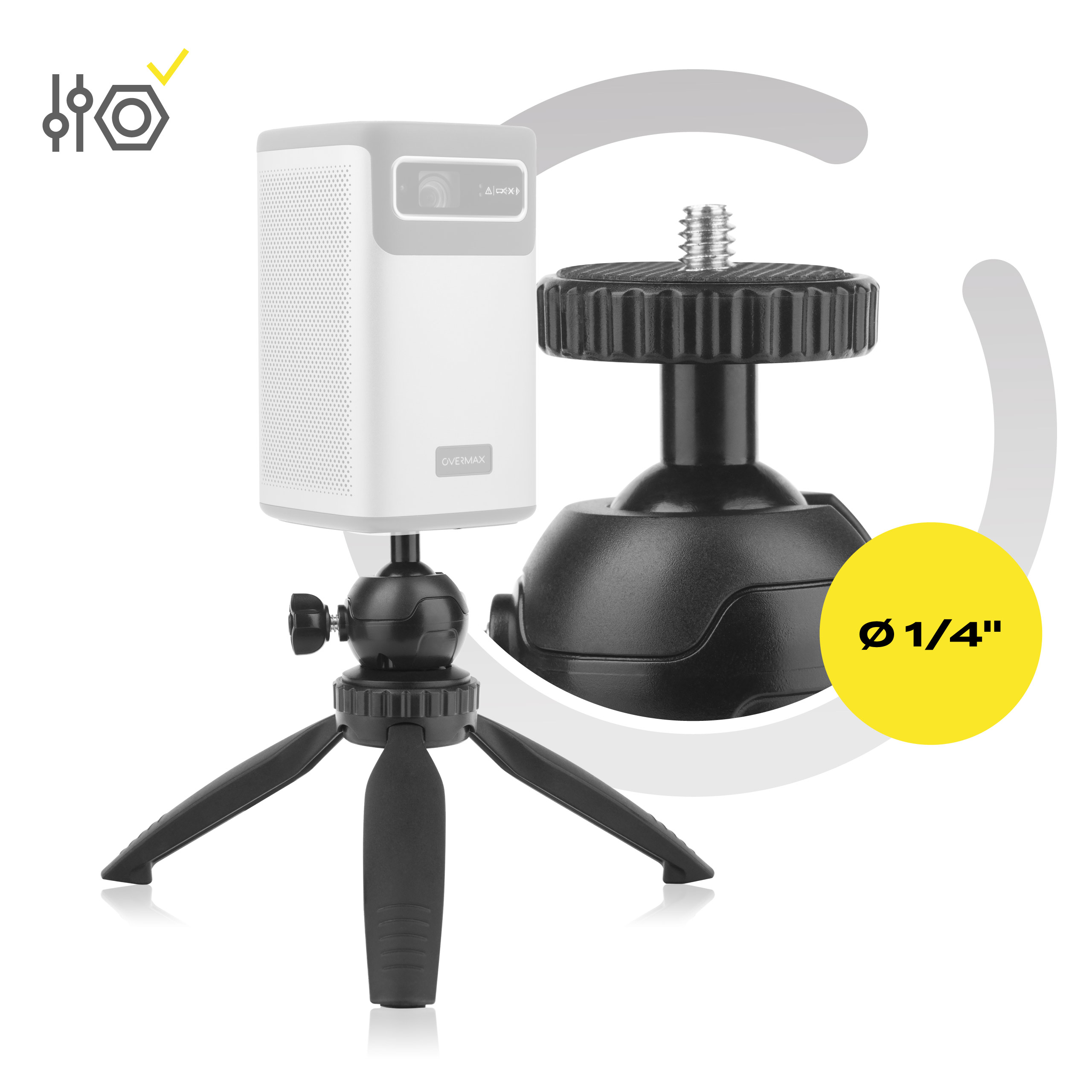 Mini tripod with a projector and a 1/4" screw connection.