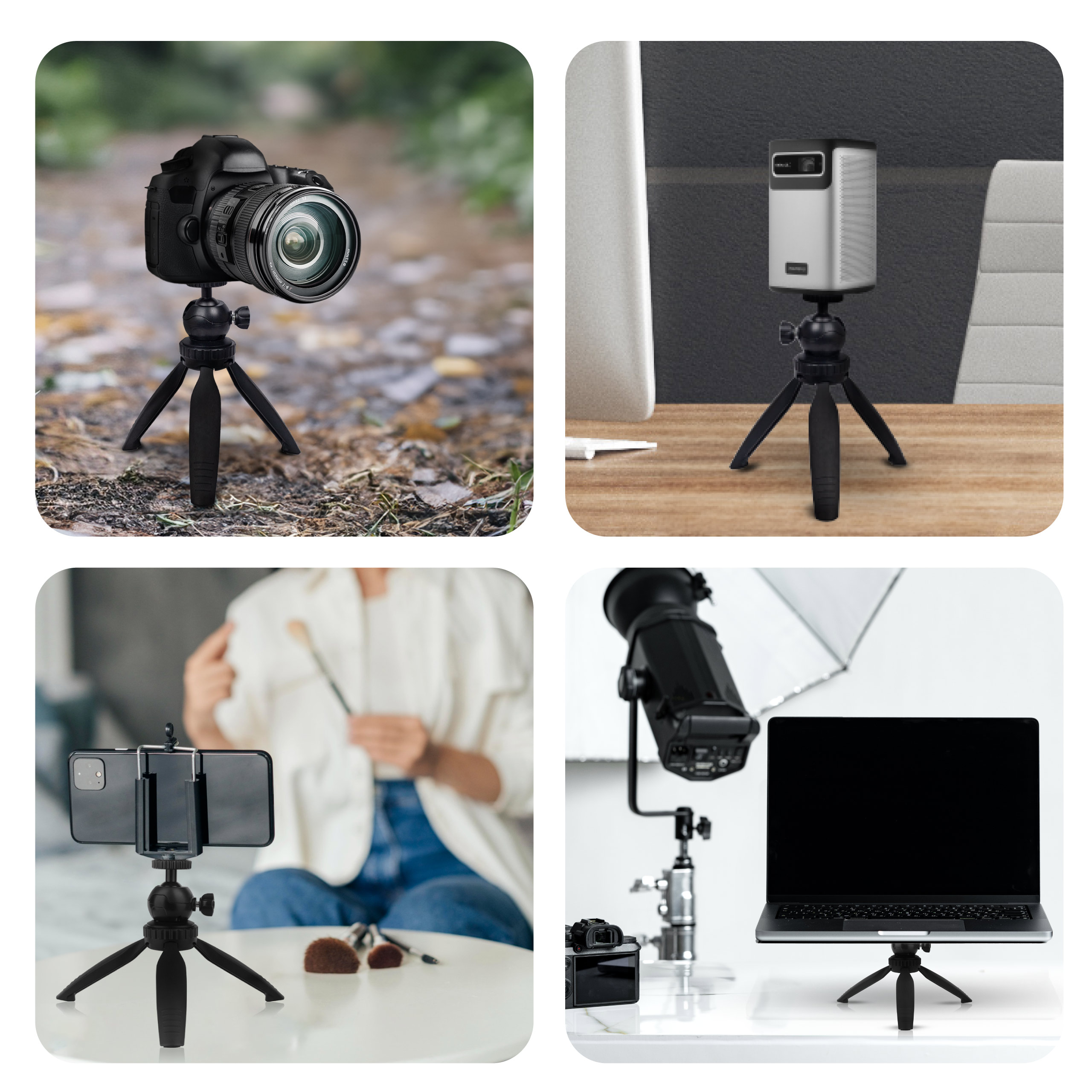 Four photos: camera on tripod in nature, projector on tripod, phone and laptop.