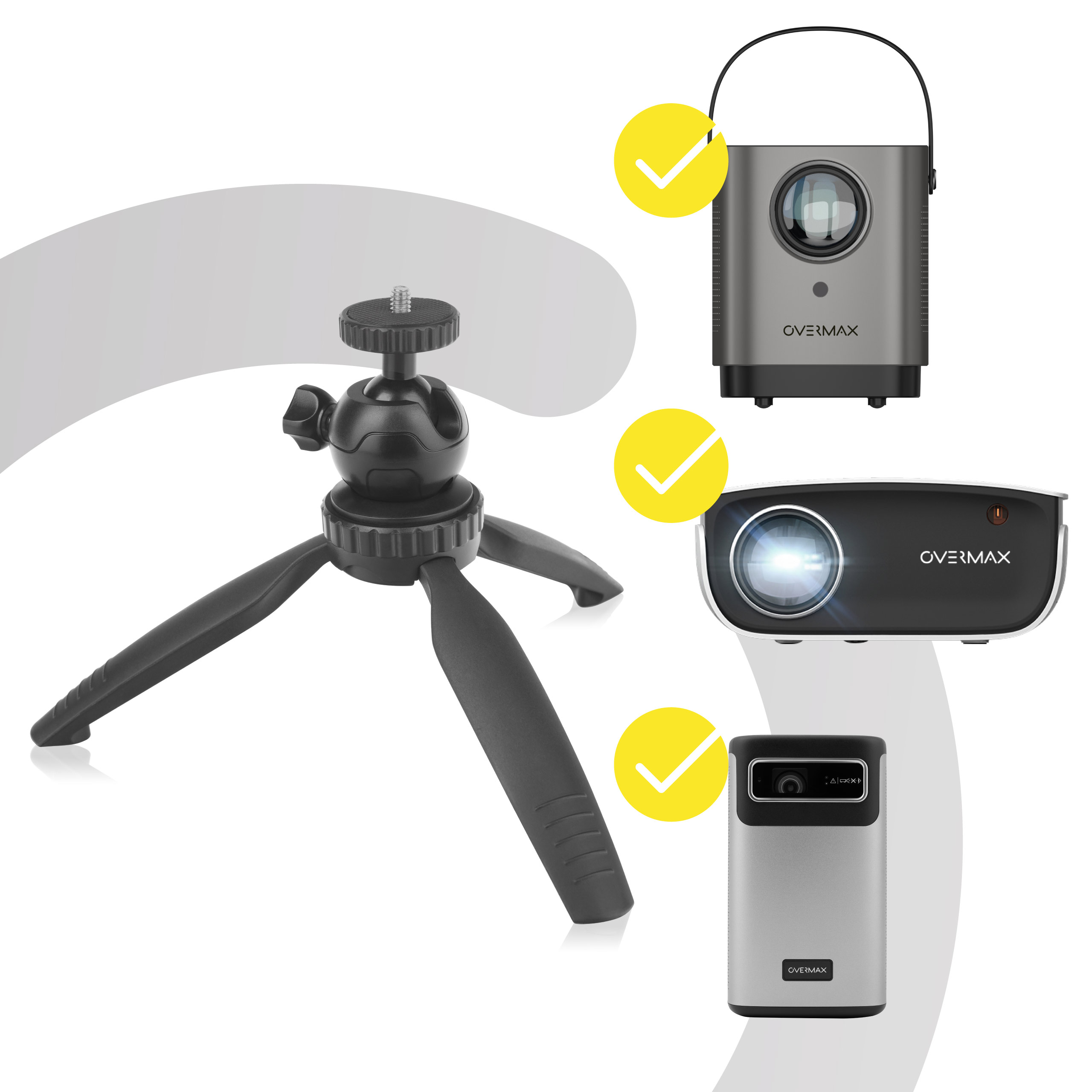 Three projectors with checkmarks. One on a tripod. Overmax brand.