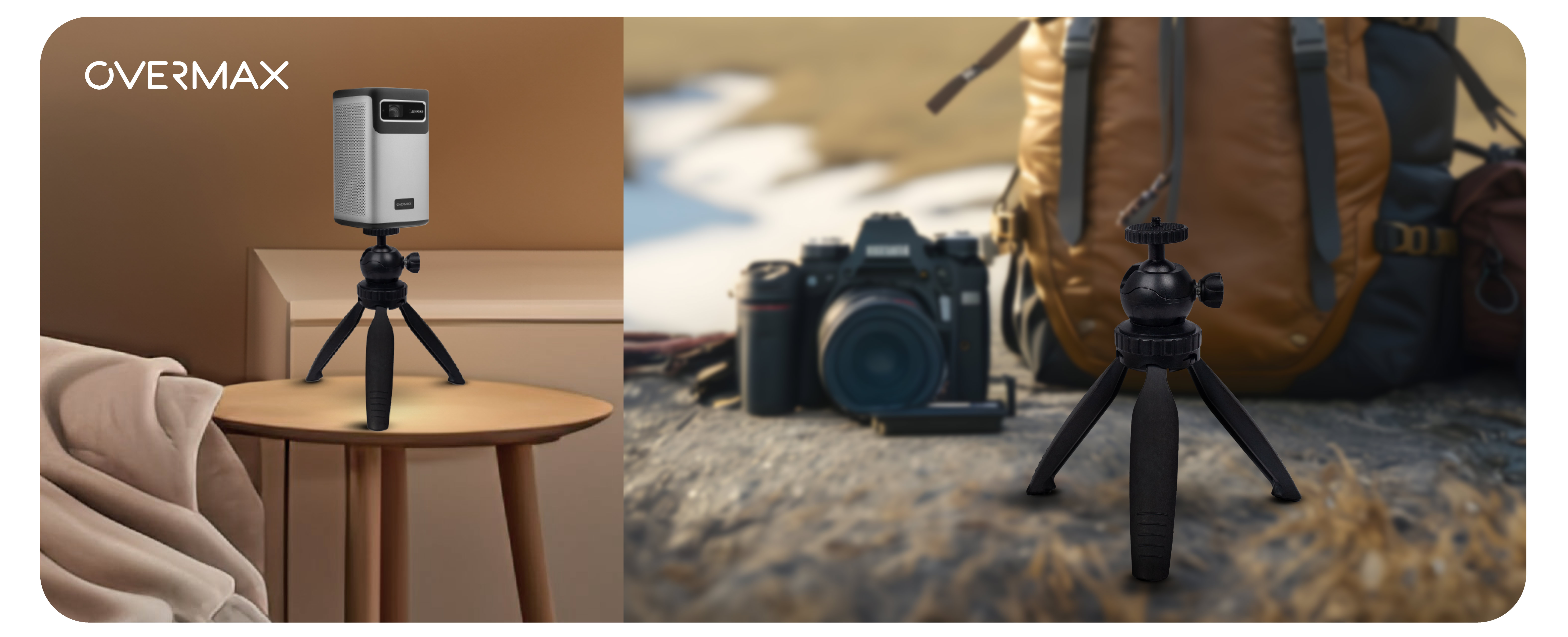 Projector on tripod, camera on tripod, both outdoors. Overmax logo.