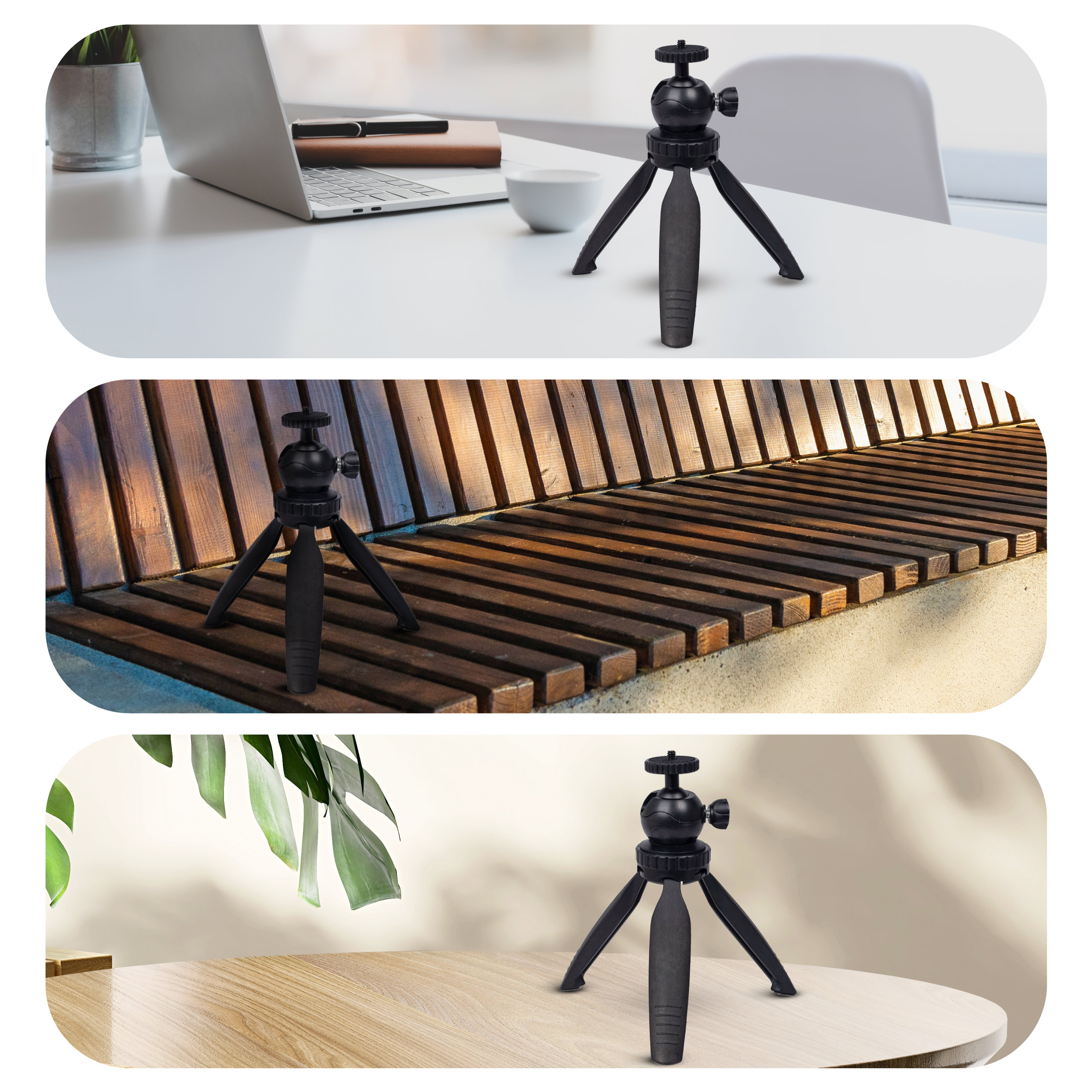 Tripods in various settings. One on a desk, one on a bench, and one on a table.