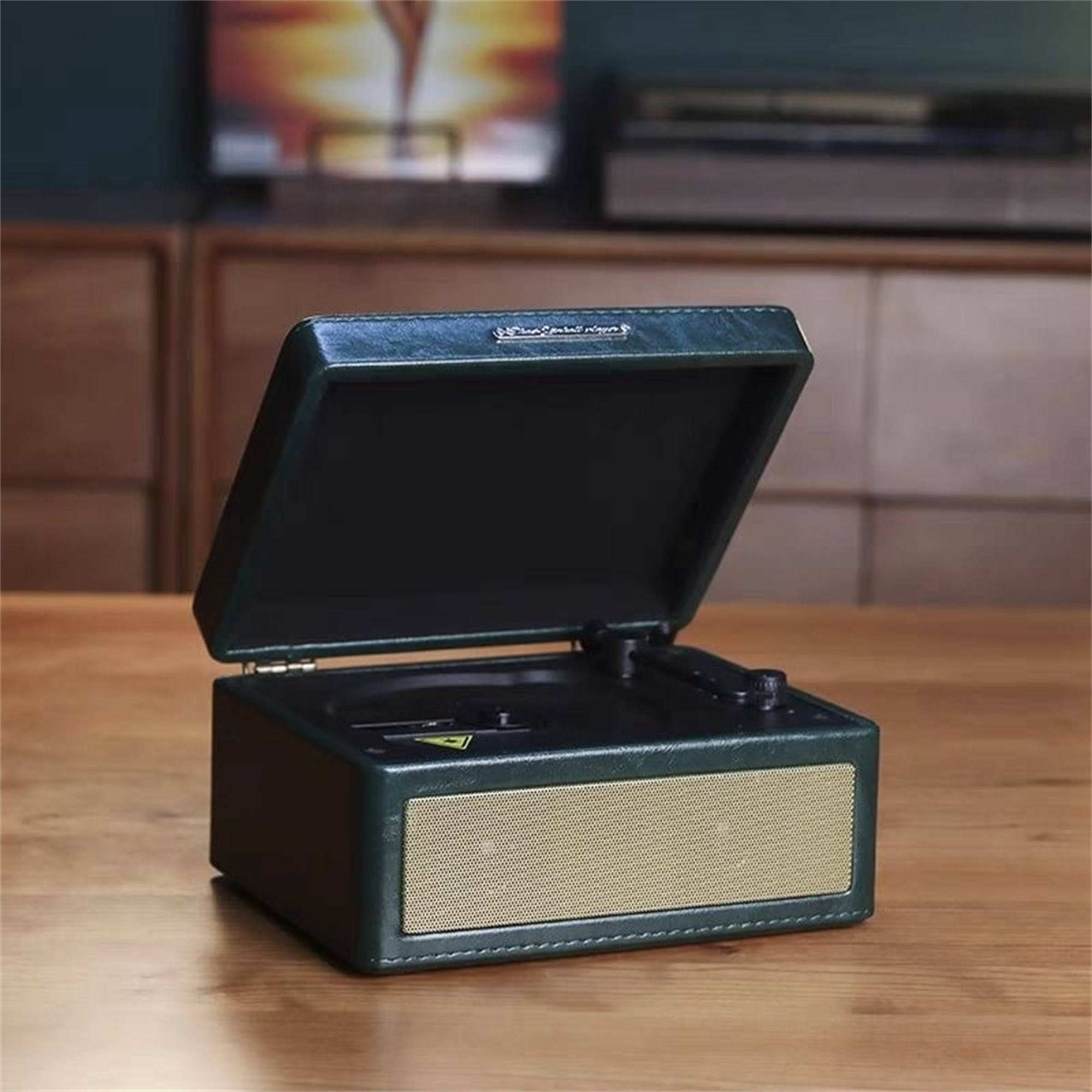 Ein grüner Retro-Plattenspieler mit goldener Lautsprecherabdeckung. Er ist auf einer Holzoberfläche geöffnet.