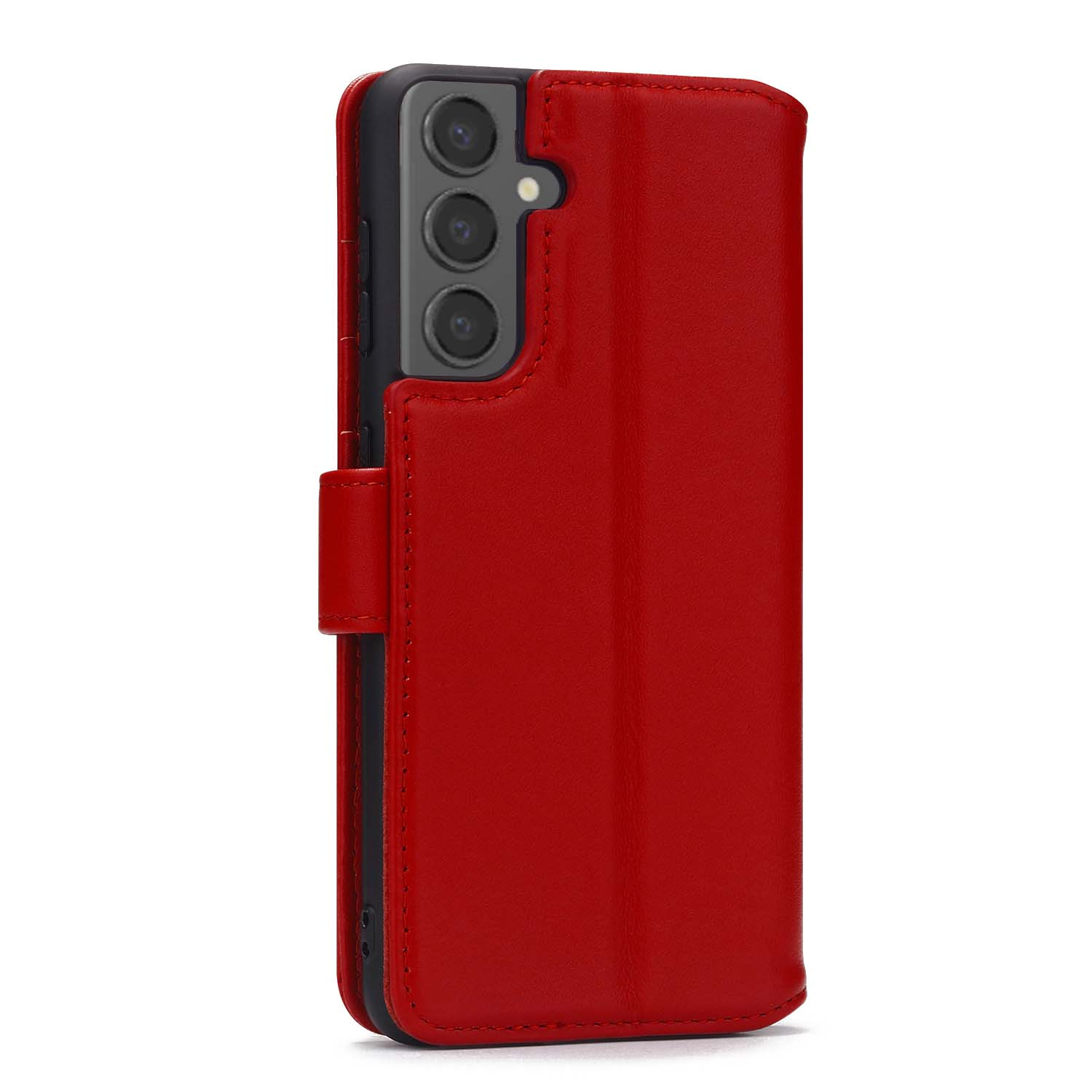 Coque de téléphone rouge avec intérieur noir et fermoir.