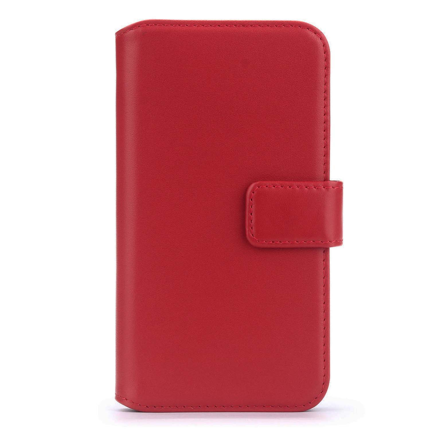 Étui de téléphone en cuir rouge avec fermoir magnétique, fermé. L'étui est sur fond blanc.