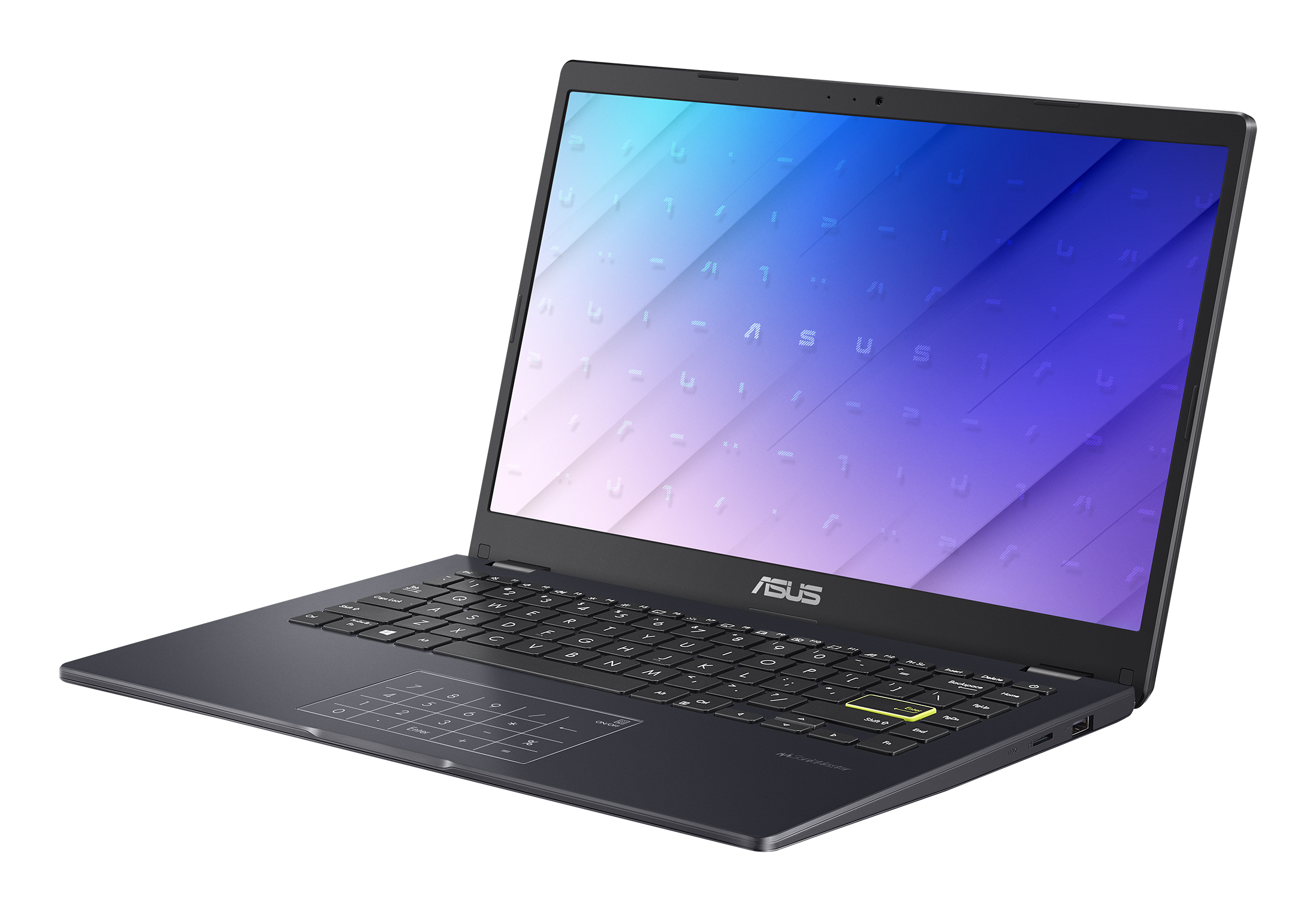 Ciemny laptop. Ekran z abstrakcyjnym wzorem. Klawiatura i touchpad widoczne. Logo ASUS obecne.
