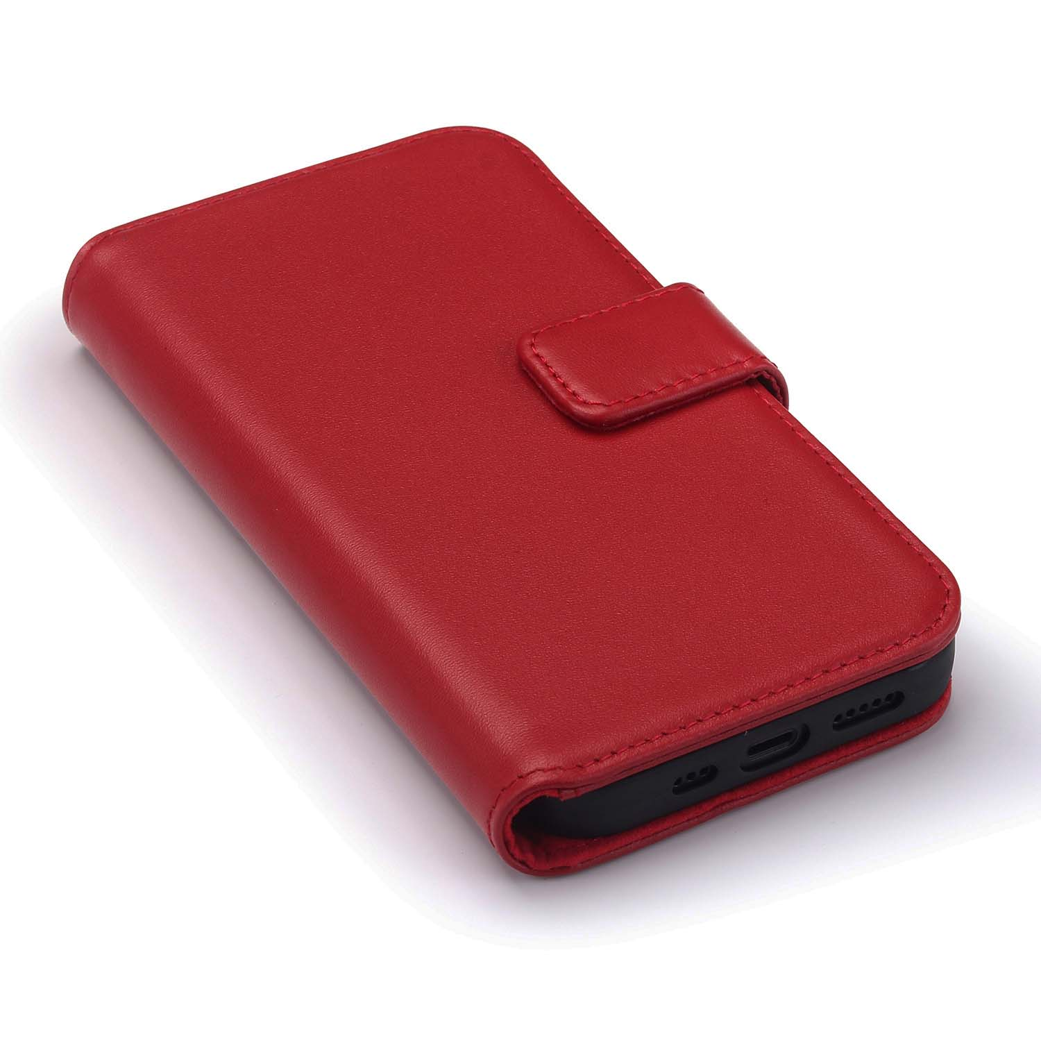 Étui de téléphone en cuir rouge, fermé, avec fermoir. L'étui est sur fond blanc.