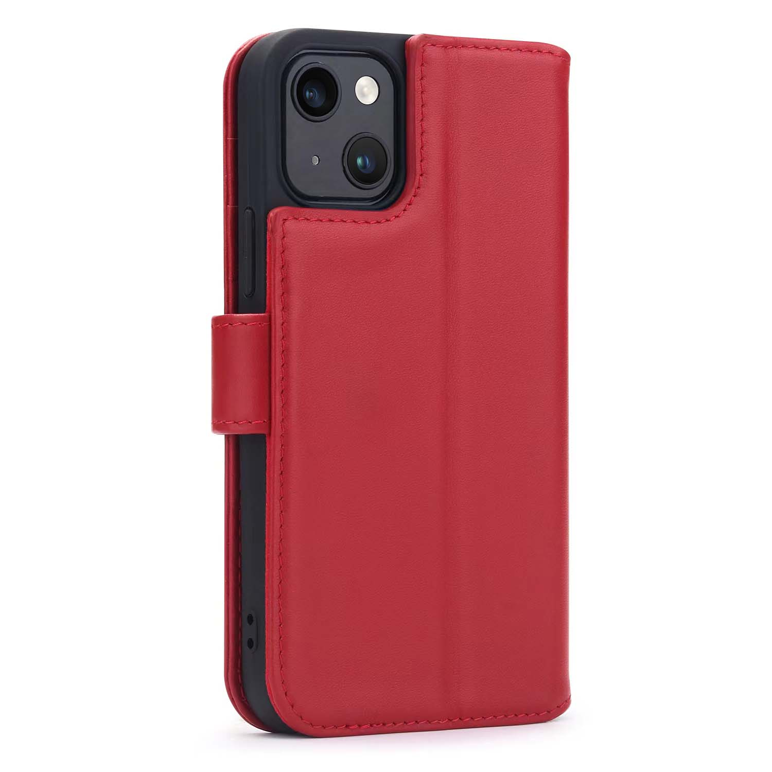 Red leather phone case, open, with a phone inside.