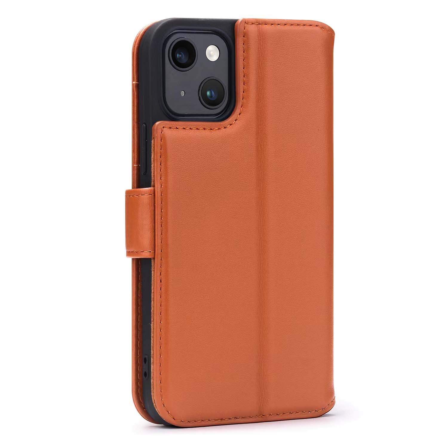 Étui de téléphone en cuir orange avec un téléphone noir. L'étui est fermé par une fermeture magnétique.