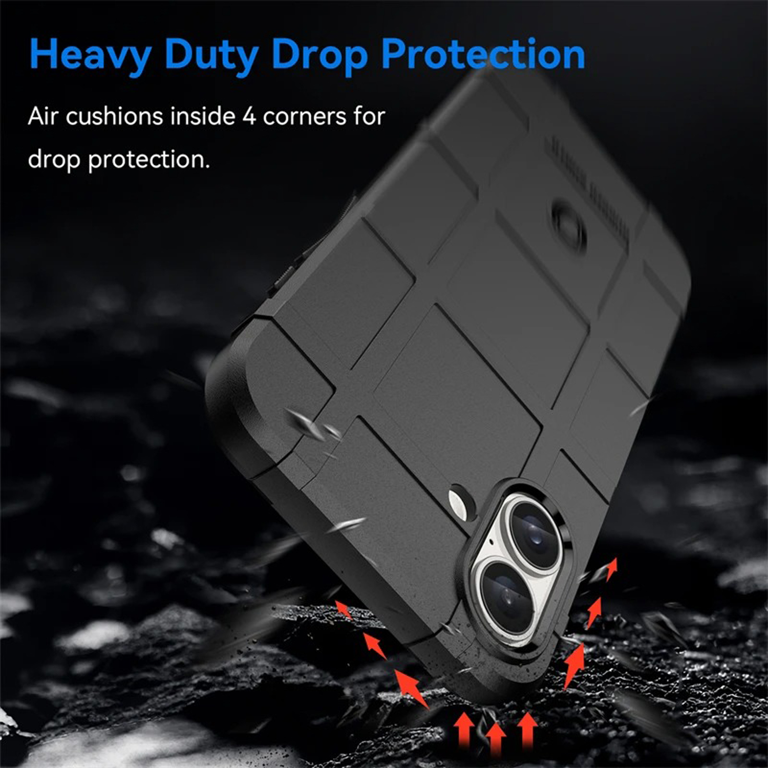 Telefoonhoes met tekst 'Heavy Duty Drop Protection'. De hoes is zwart, de telefoon valt.