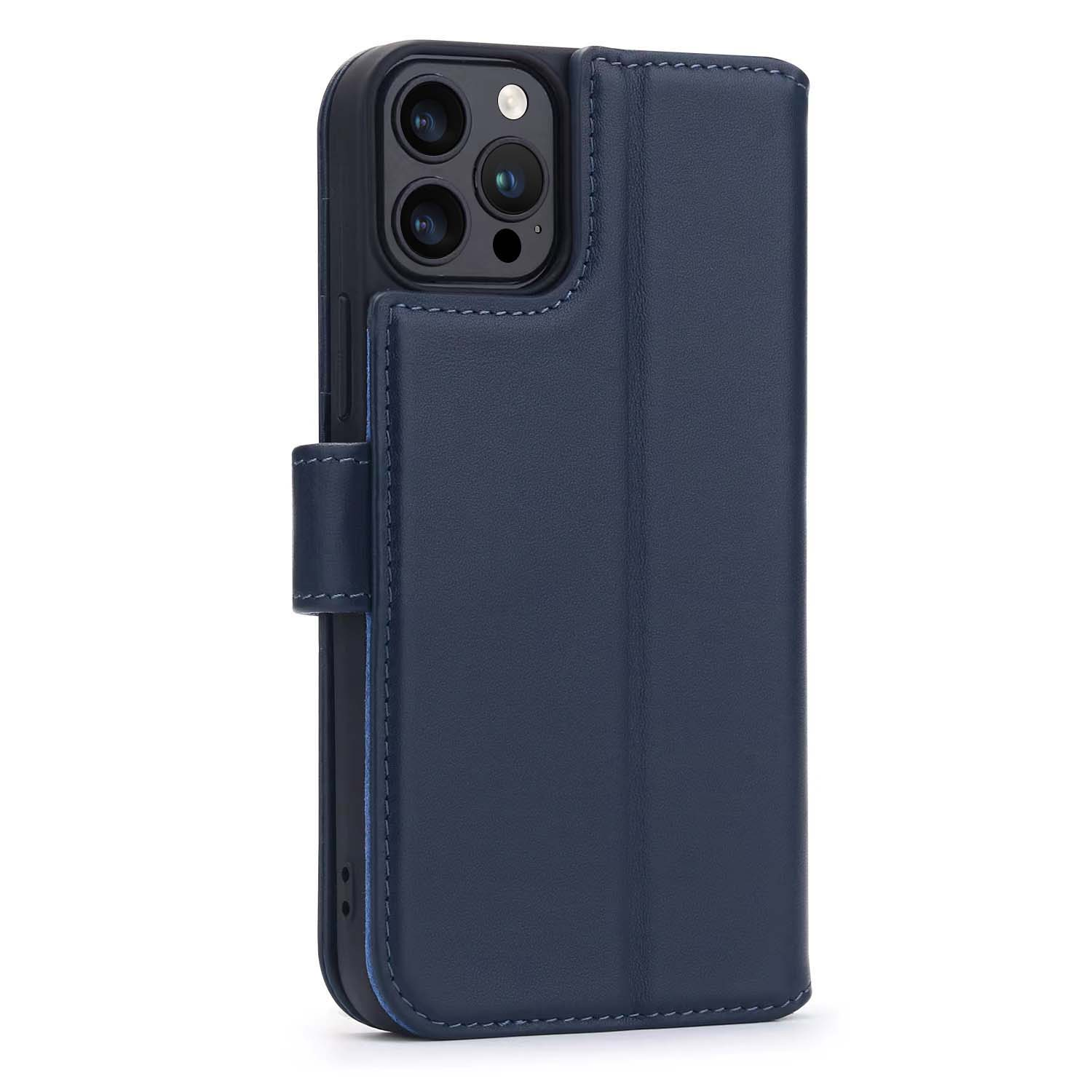 Étui de téléphone bleu foncé avec fermeture magnétique, vue latérale, sur fond blanc.