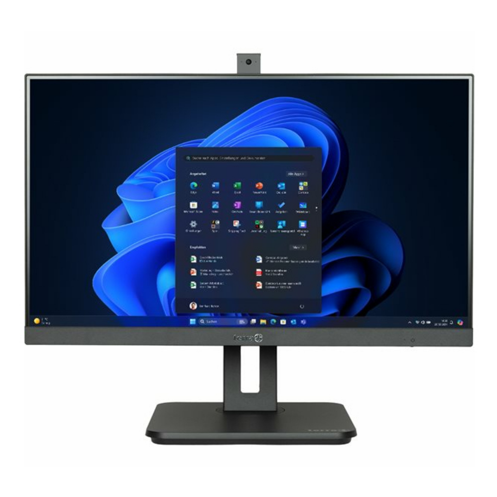 Czarny monitor z kamerą internetową wyświetla niebieski ekran Windows. Stojak jest czarny. Tło jest białe.