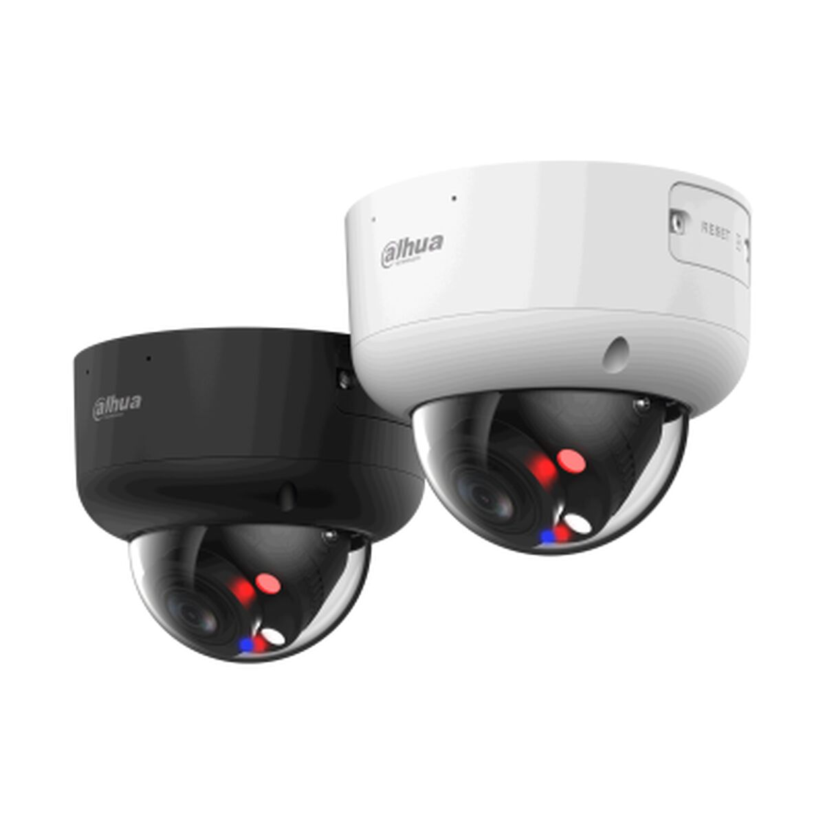 Due telecamere di sicurezza, una nera e una bianca, con forma a cupola e logo 'dahua'.
