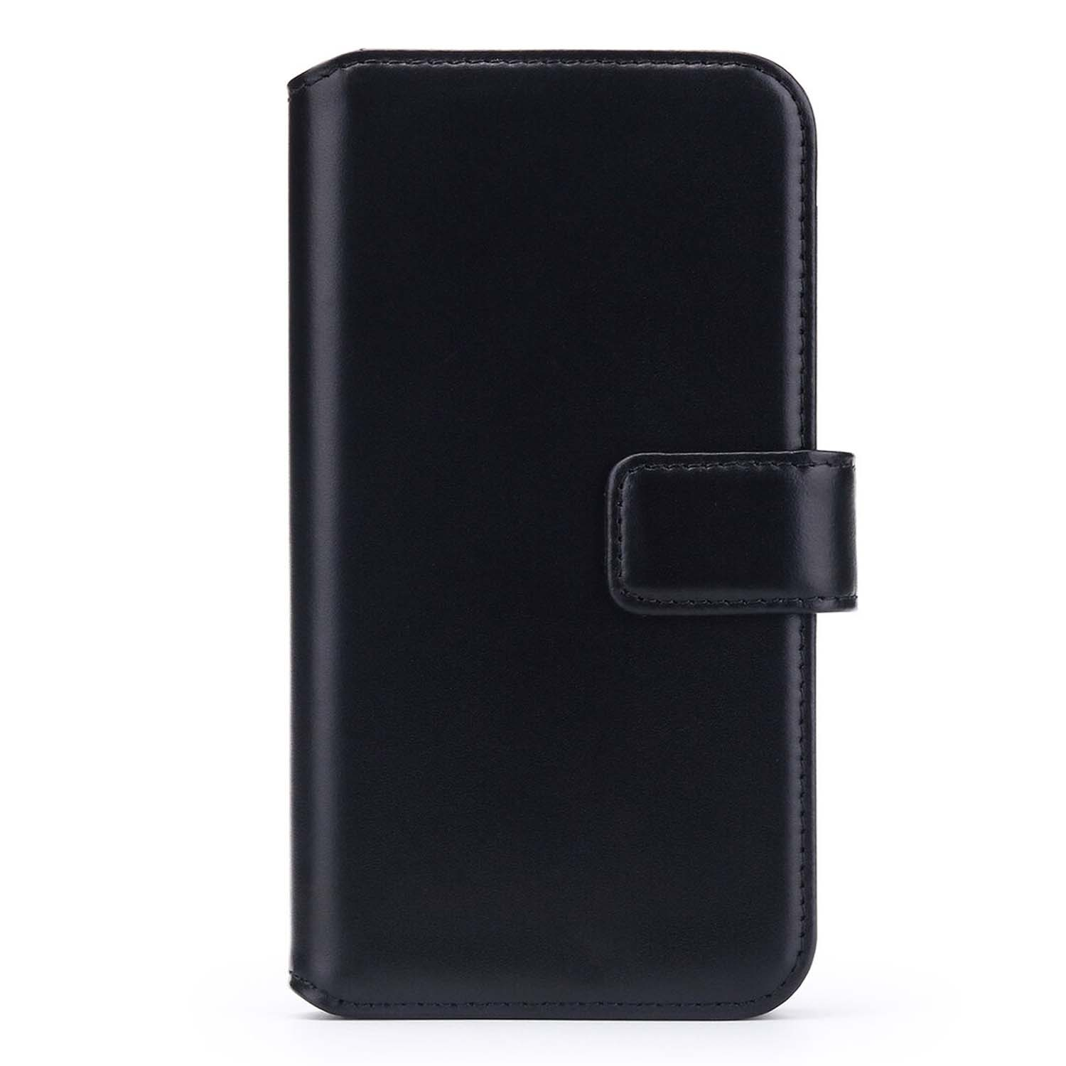 Zwarte leren telefoonhoes, gesloten, met een magnetische sluiting.