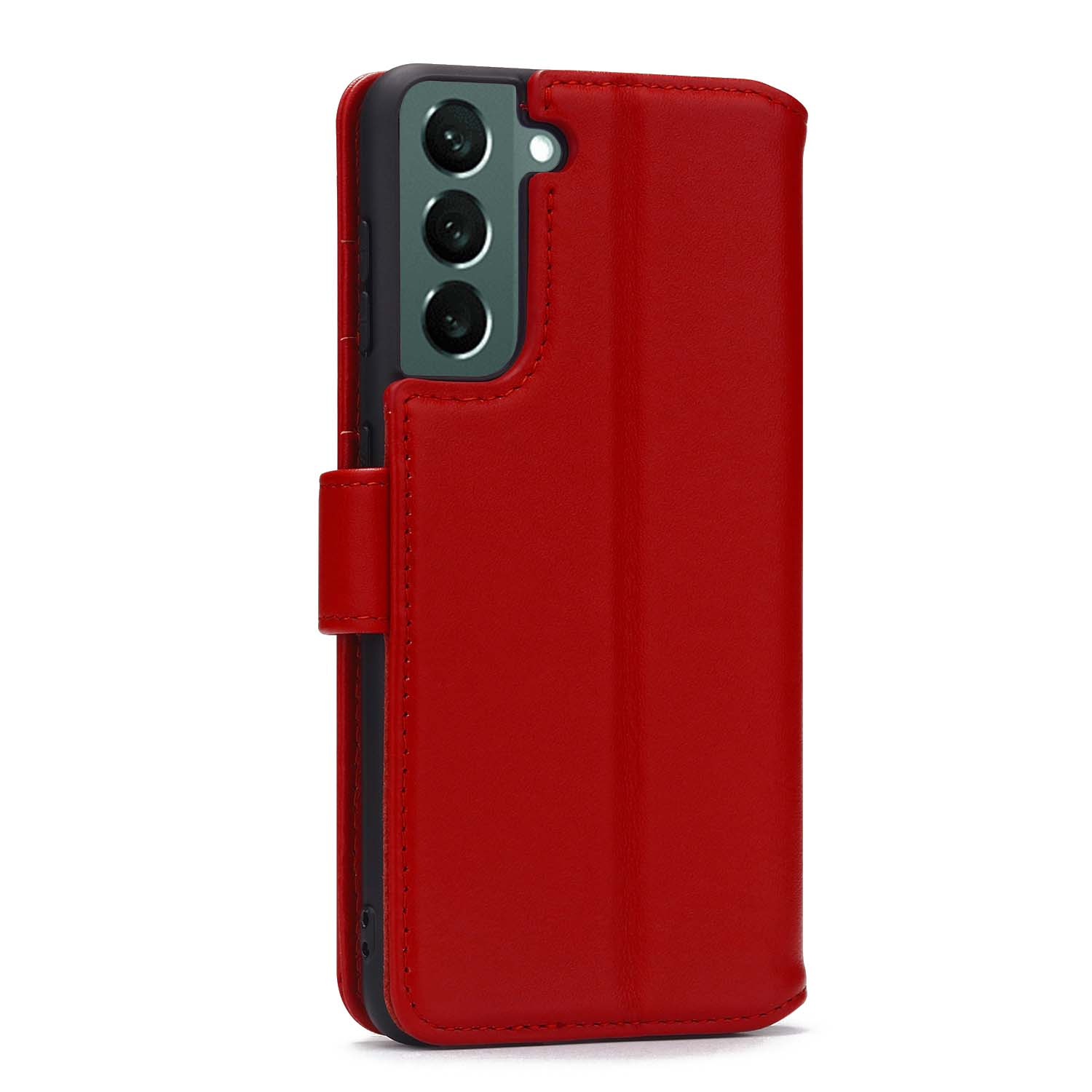 Étui de téléphone en cuir rouge avec rabat fermé. Téléphone visible. Intérieur noir.
