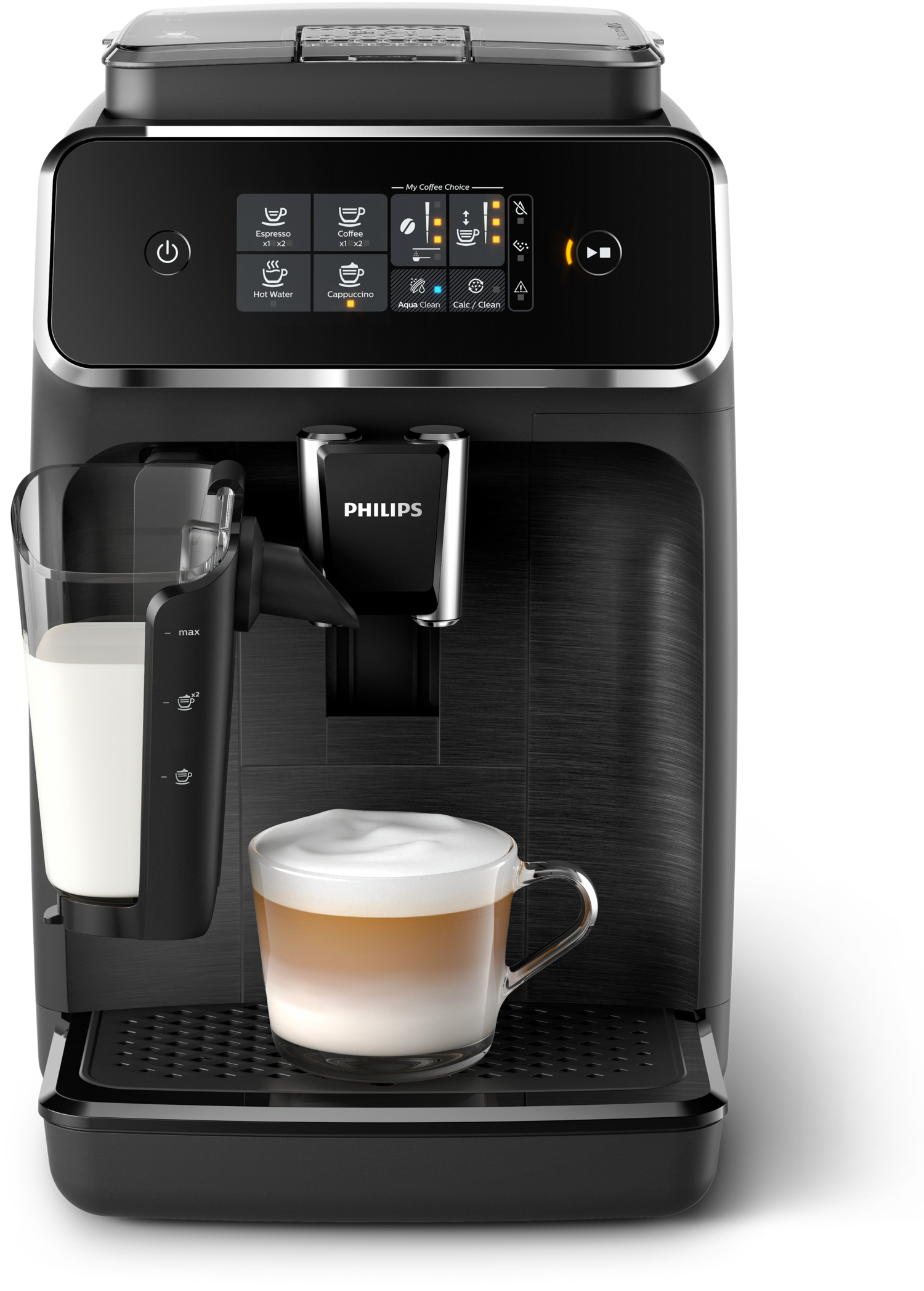 Macchina per caffè espresso Philips nera con schiumatore e tazza di latte.