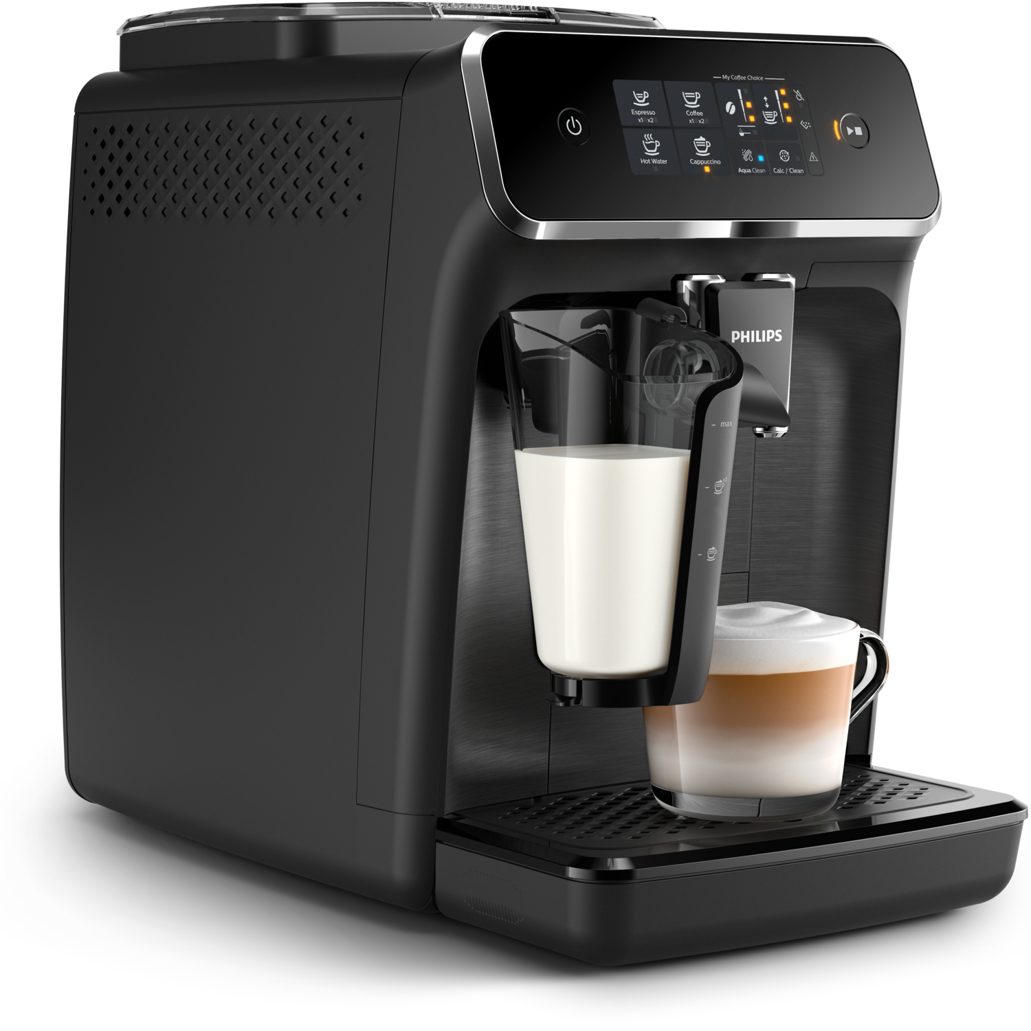 Una macchina da caffè Philips nera con un contenitore per il latte e una tazza di latte macchiato a strati.