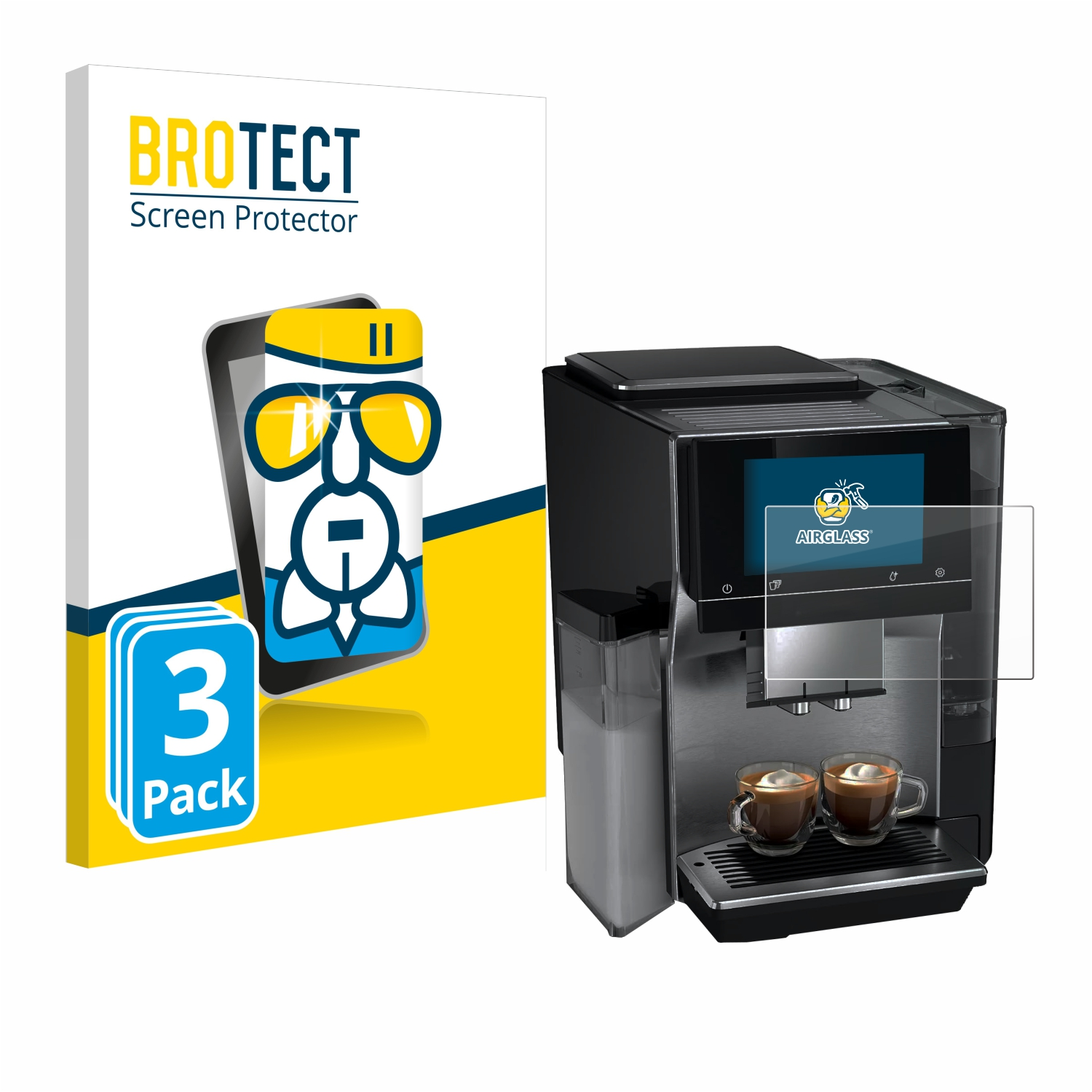 Kaffeemaschine mit Displayschutzverpackung. Zwei Tassen Kaffee werden gezeigt.