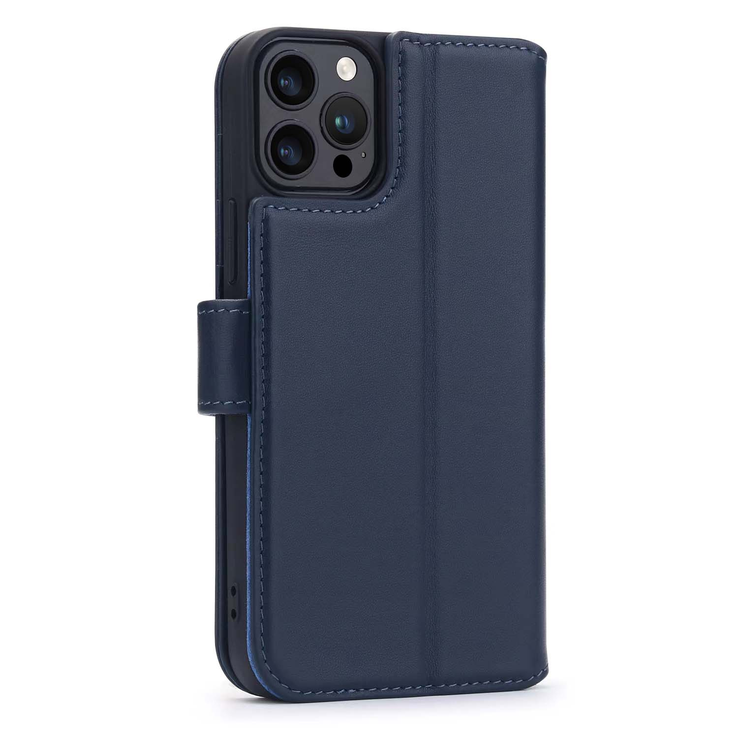 Étui de téléphone bleu avec un téléphone noir. L'étui est fermé par une fermeture magnétique.