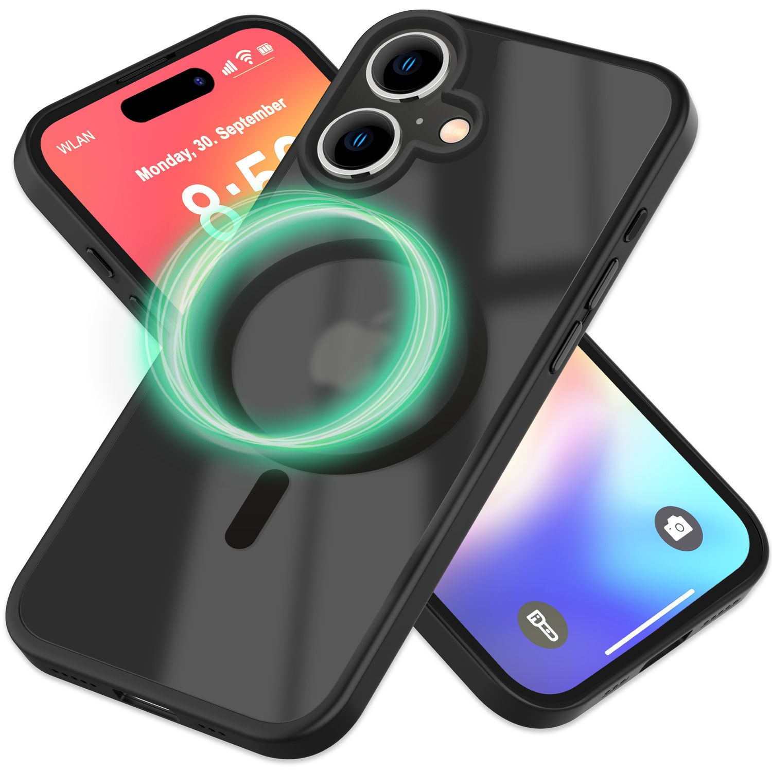 Telefon mit Hülle. Ein zweites Telefon im Hintergrund. Das Telefon hat einen magnetischen Ladebereich.