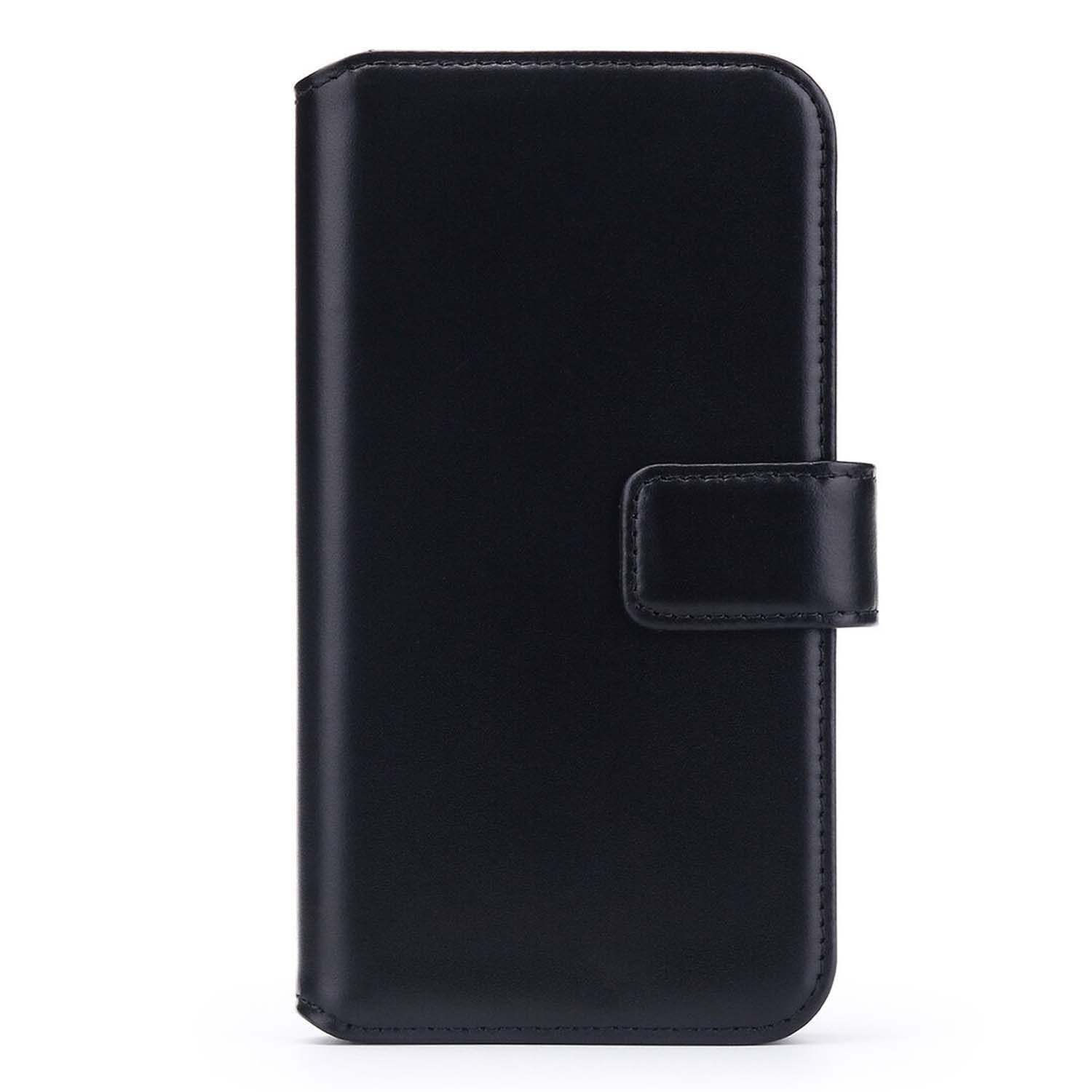 Étui de téléphone en cuir noir, fermé, avec fermoir magnétique.