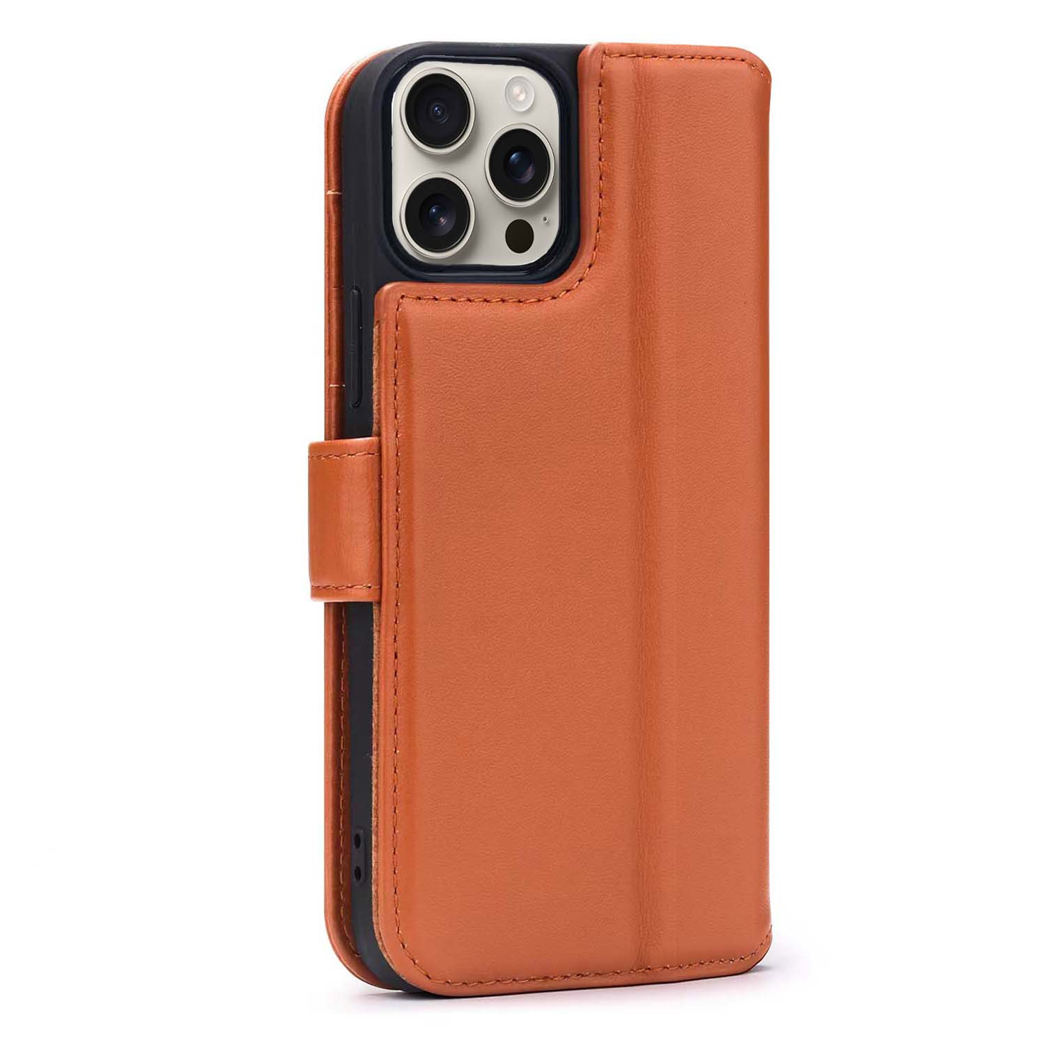 Étui de téléphone en cuir orange, ouvert. Le téléphone est visible. L'étui a un fermoir. Le fond est blanc.