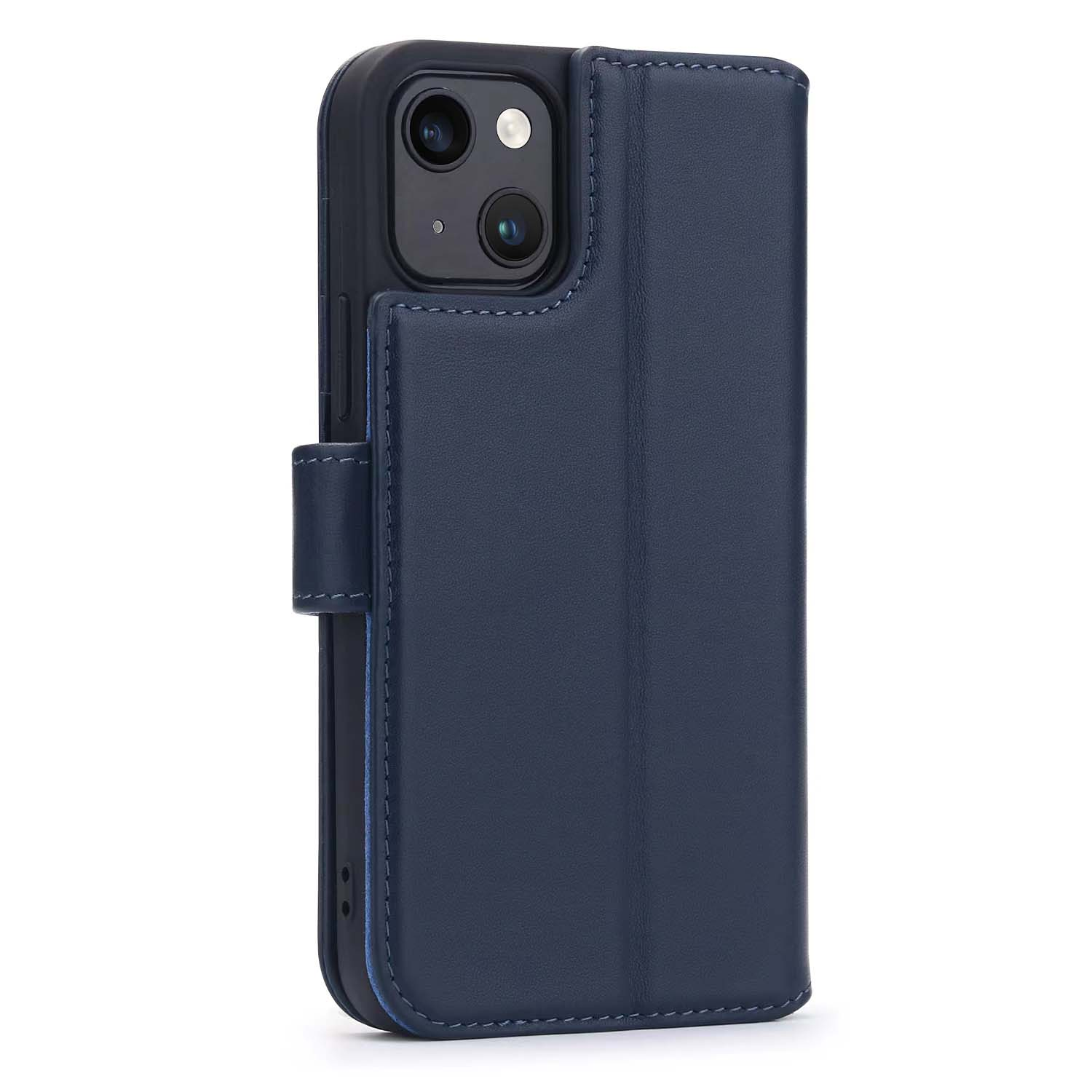 Blue phone case with a black phone. The case is closed with a magnetic clasp.