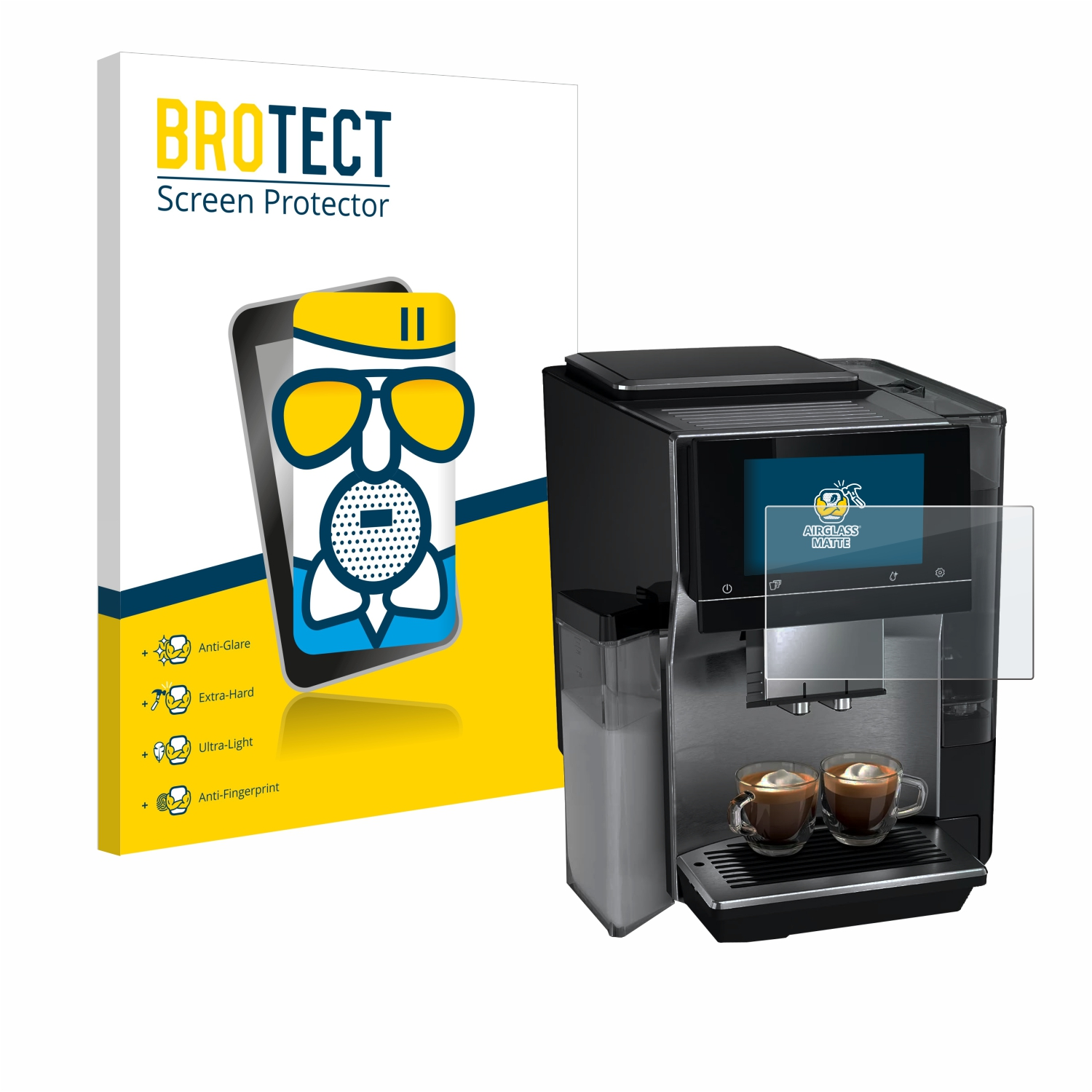 Kaffeemaschine mit Displayschutz. Schwarze Maschine, Box links, klarer Schutz.