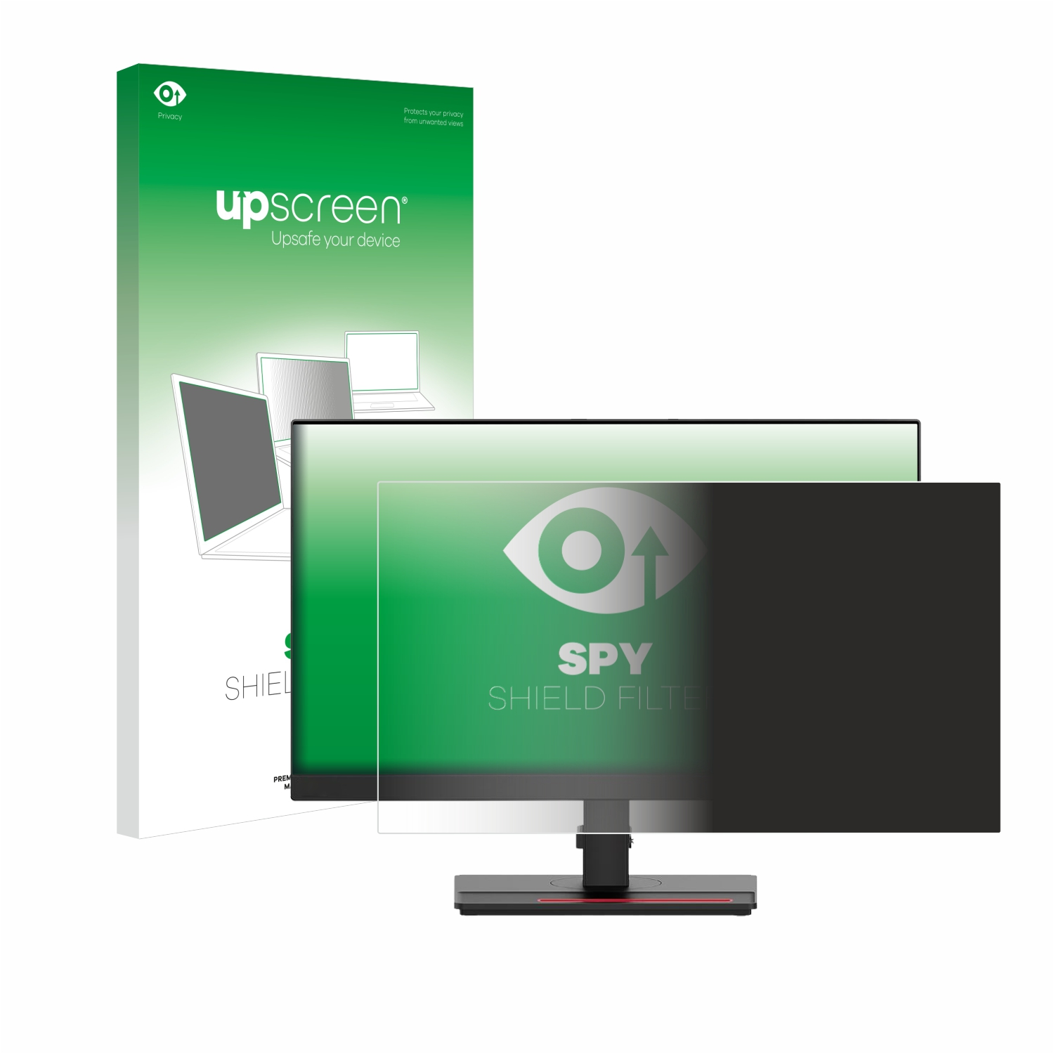 Monitor mit Displayschutzfolie und Box. Der Bildschirm ist schwarz, mit Datenschutzfilter.