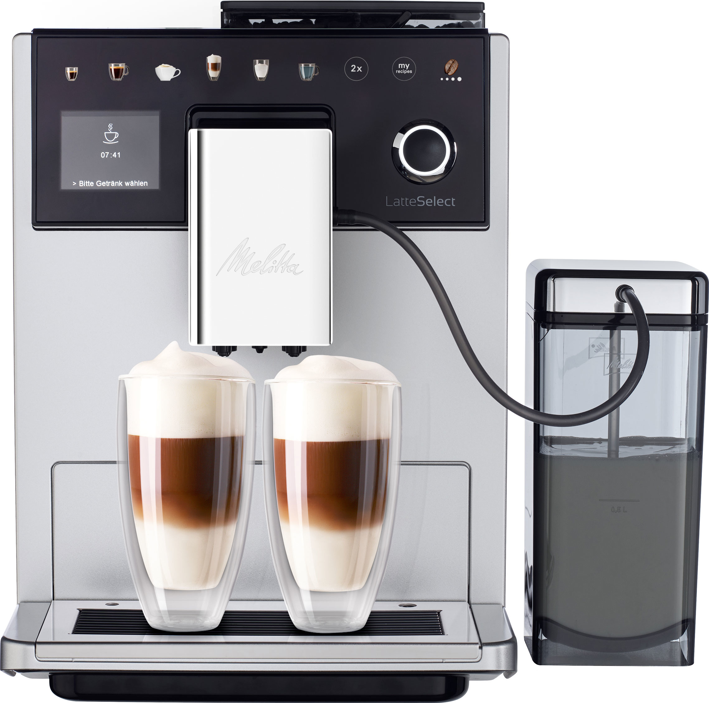 Kaffeemaschine mit zwei Glasbechern Latte und einem Milchbehälter. LatteSelect-Modell.