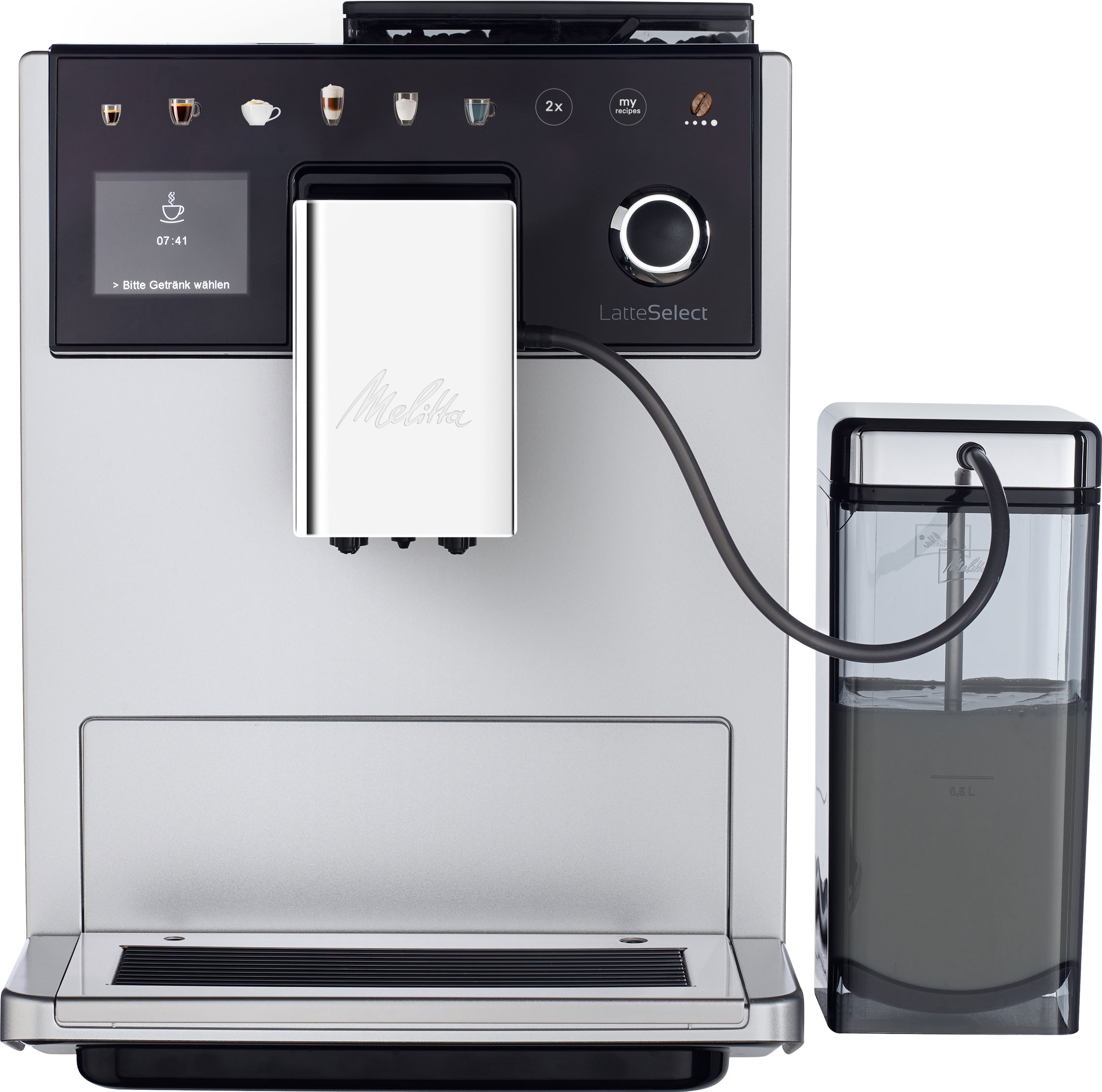 Melitta LatteSelect Kaffeemaschine mit Milchbehälter, silber und schwarz.