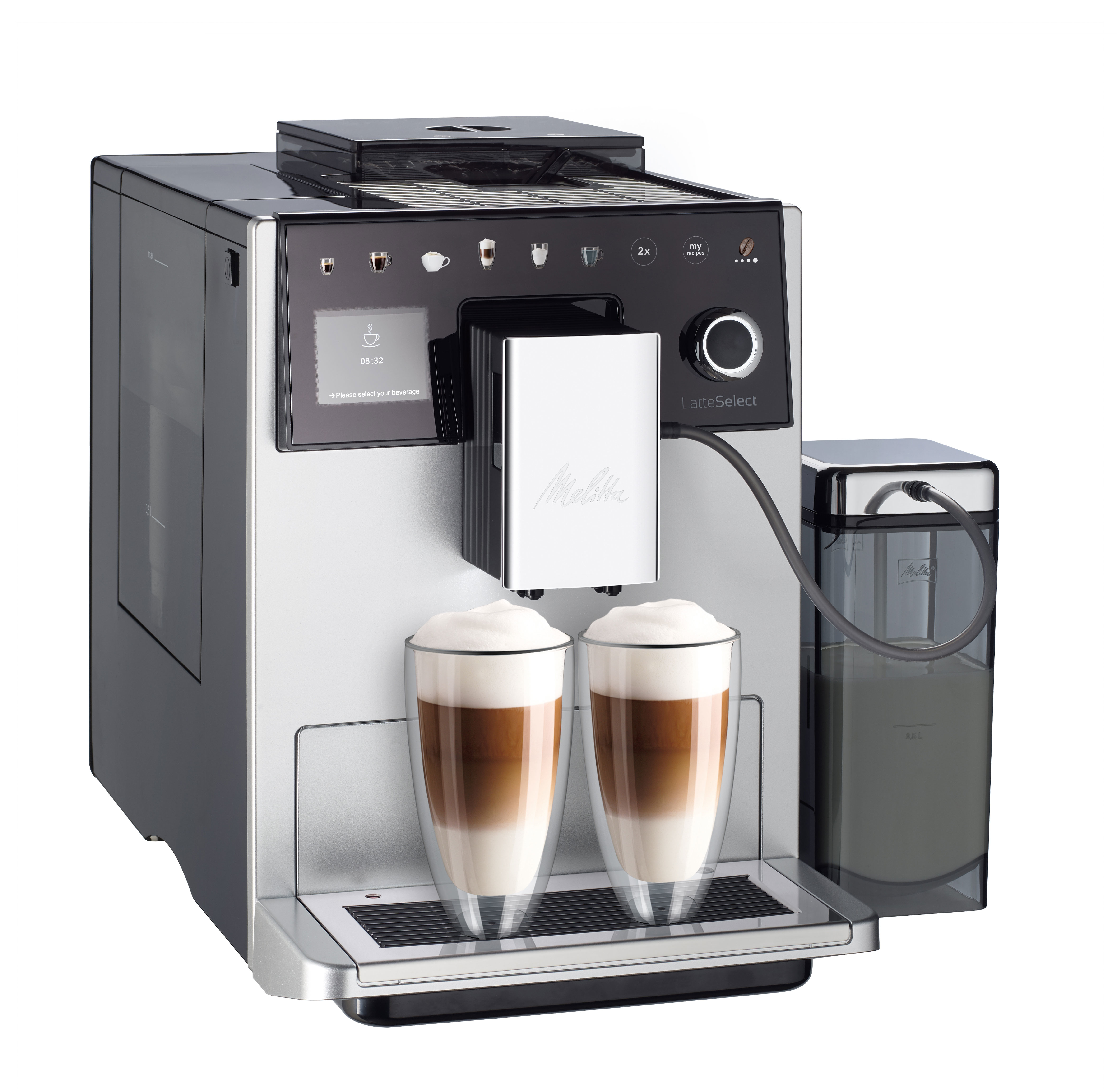 Melitta LatteSelect Kaffeemaschine mit zwei Gläsern Latte.