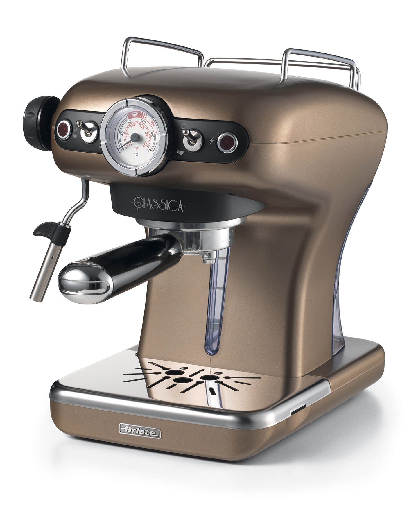 Una macchina per espresso color bronzo. Include un manometro, una maniglia e un serbatoio d'acqua.