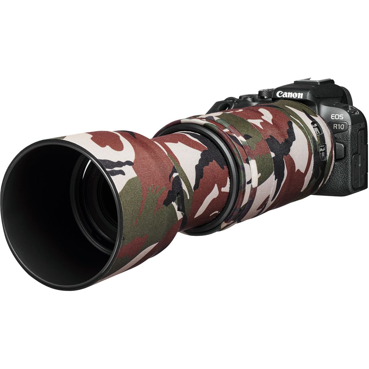 Canon Kamera mit Tarnobjektivabdeckung. Schwarzer Kamerakörper.