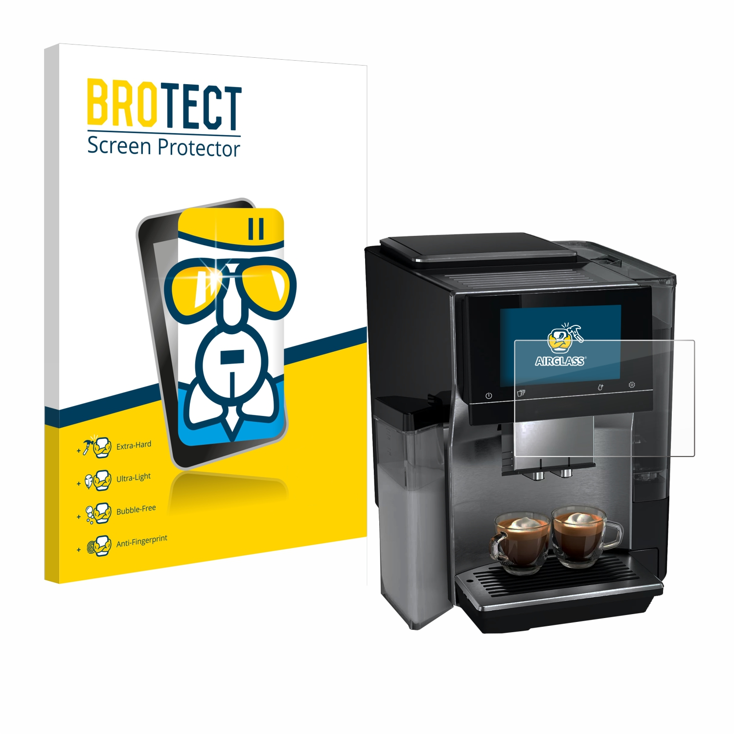 Kaffeemaschine mit zwei Tassen. Eine Displayschutzfolienbox befindet sich links. Weißer Hintergrund.
