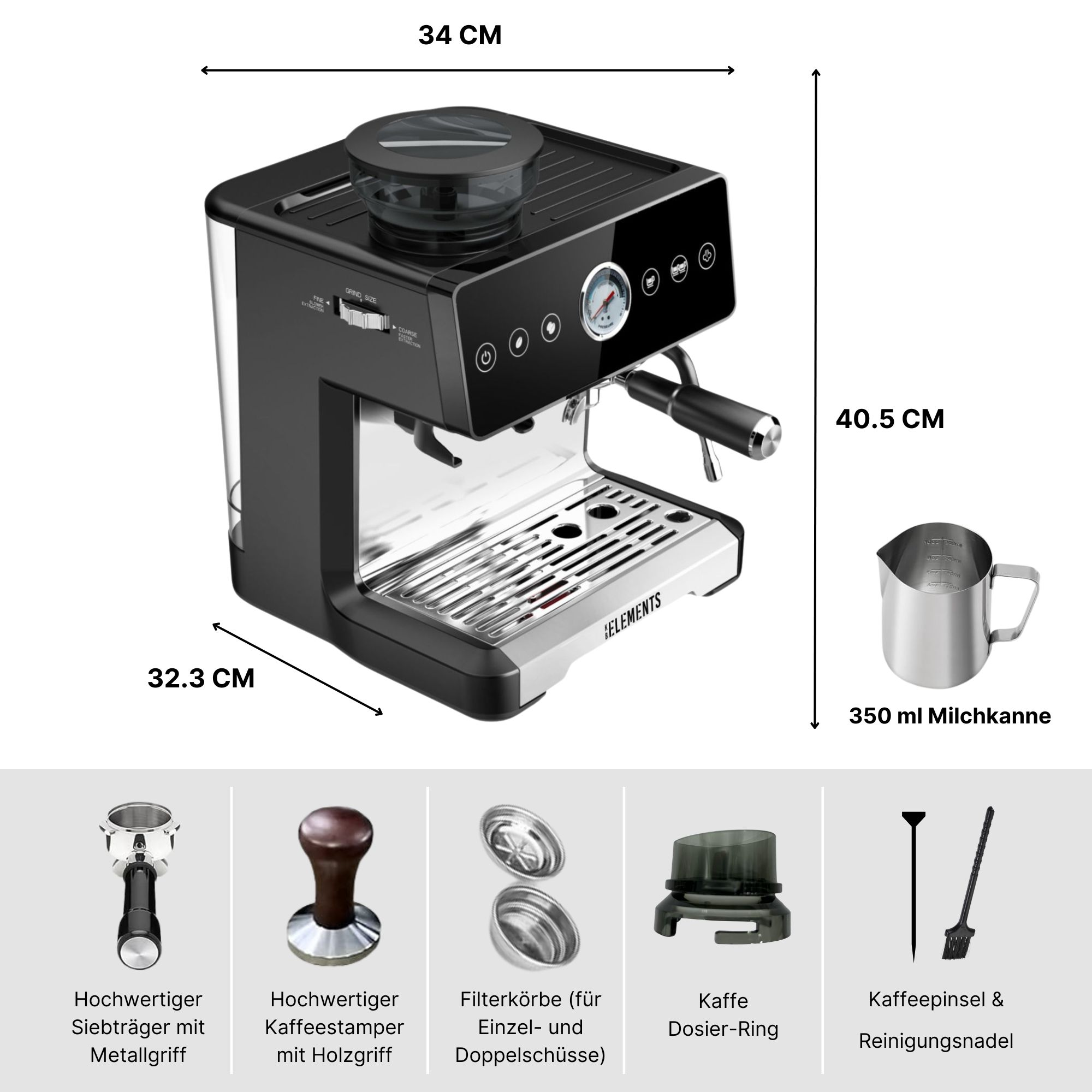 Eine schwarze Espressomaschine mit beschrifteten Abmessungen, Zubehör und einem Milchaufschäumer.