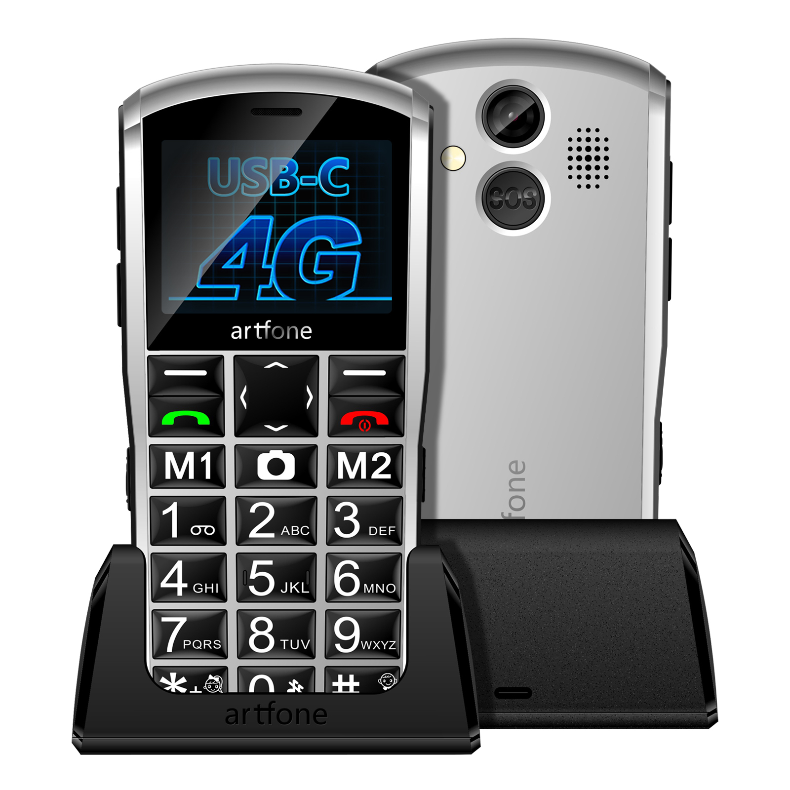 Telefono argento base su una base di ricarica nera. USB-C e 4G sono scritti sullo schermo.