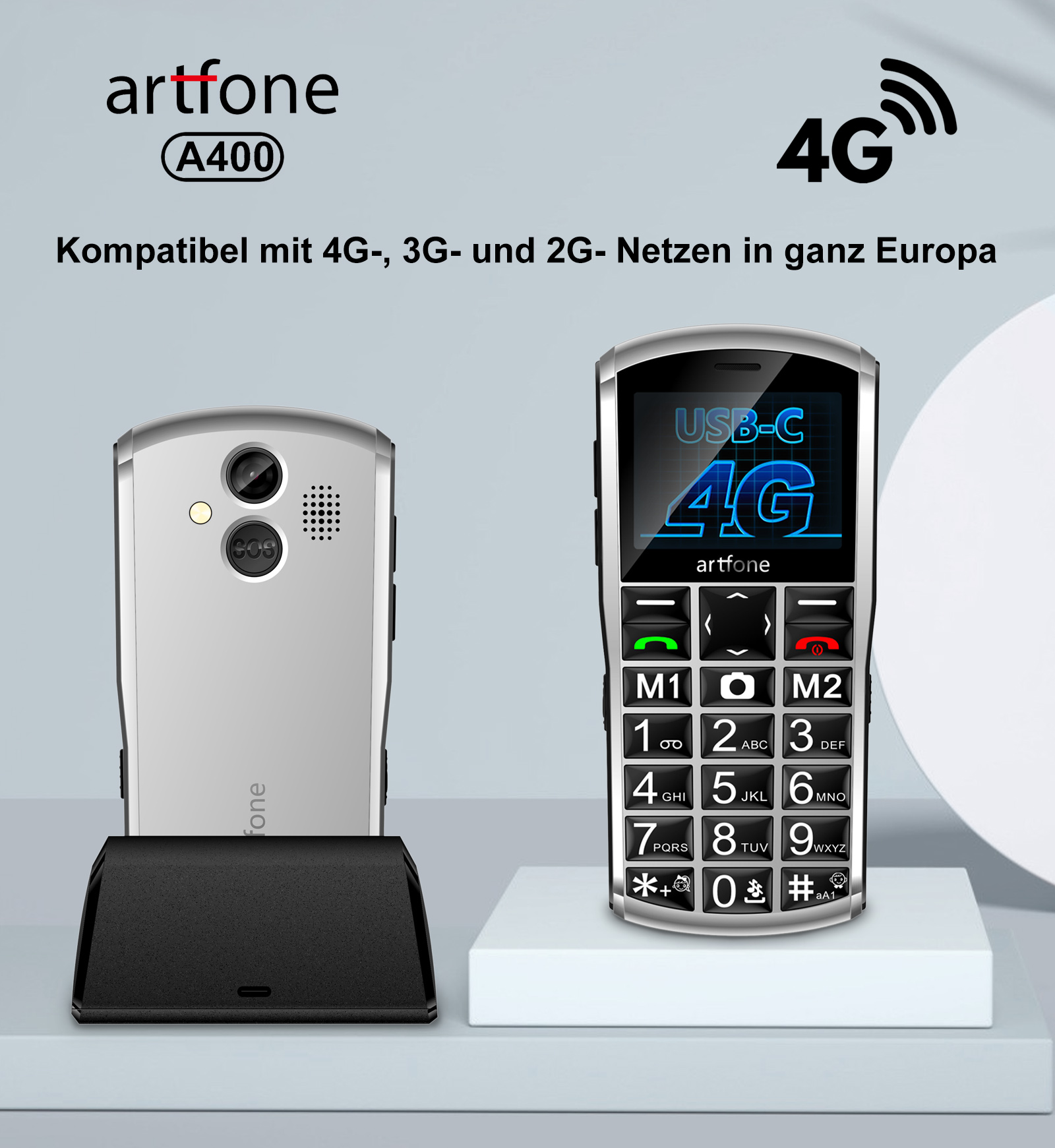 Artfone A400 telefono cellulare argento con caricatore. Visualizza tastierino numerico e simbolo 4G.