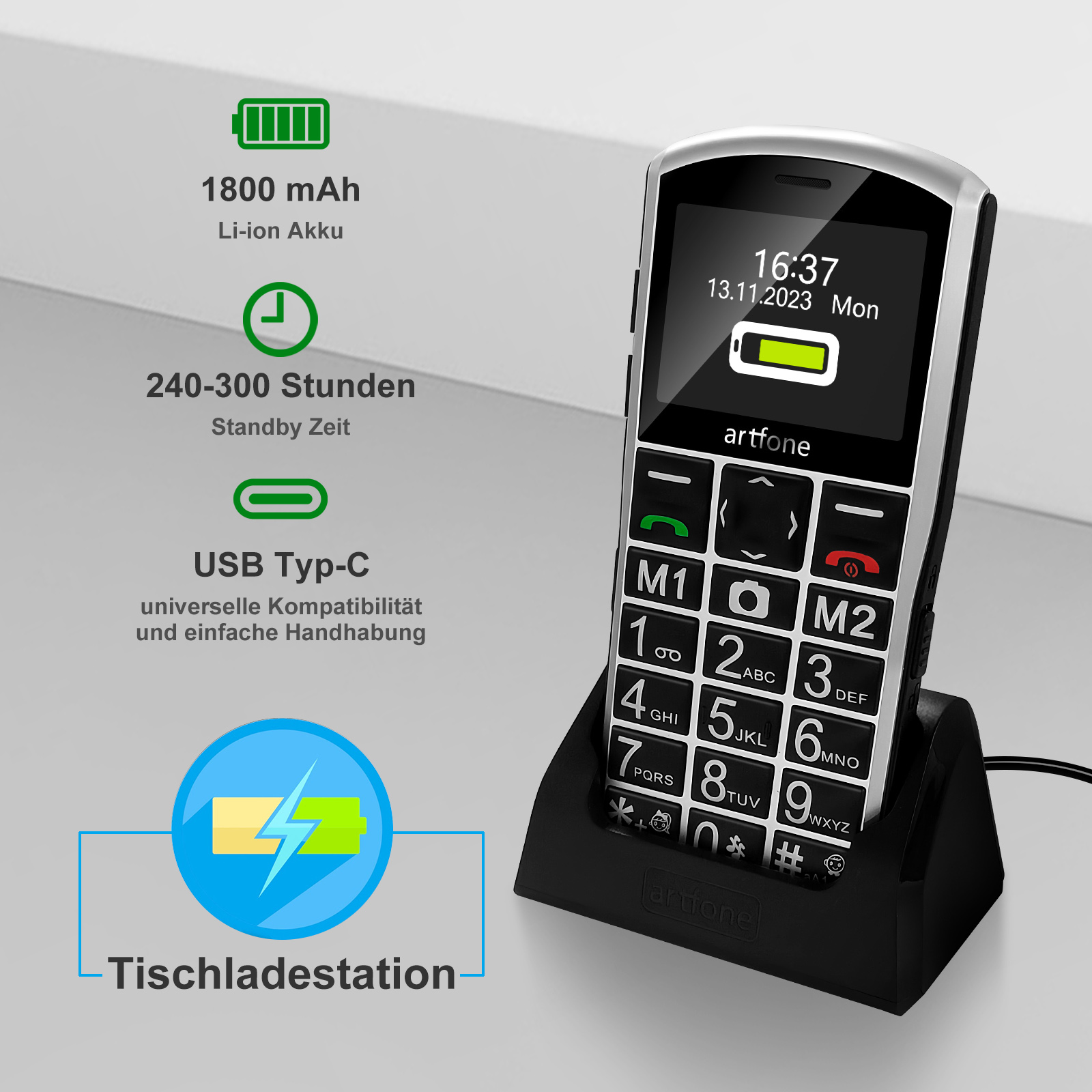 Telefono artfone nero su base di ricarica. Visualizza ora, data e livello della batteria. Dettagli del testo.