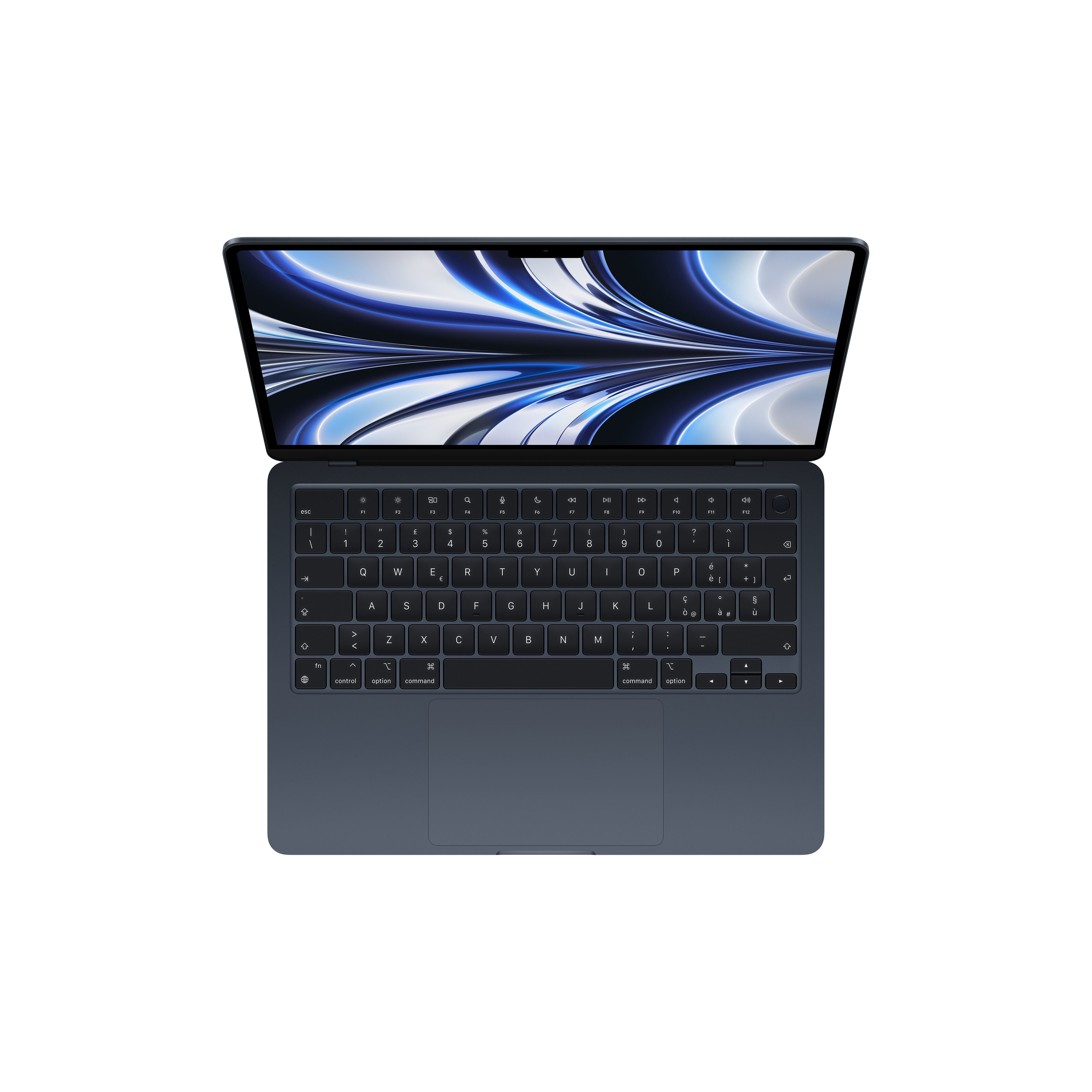 Widok z góry czarnego laptopa z otwartym ekranem, pokazującym klawiaturę.