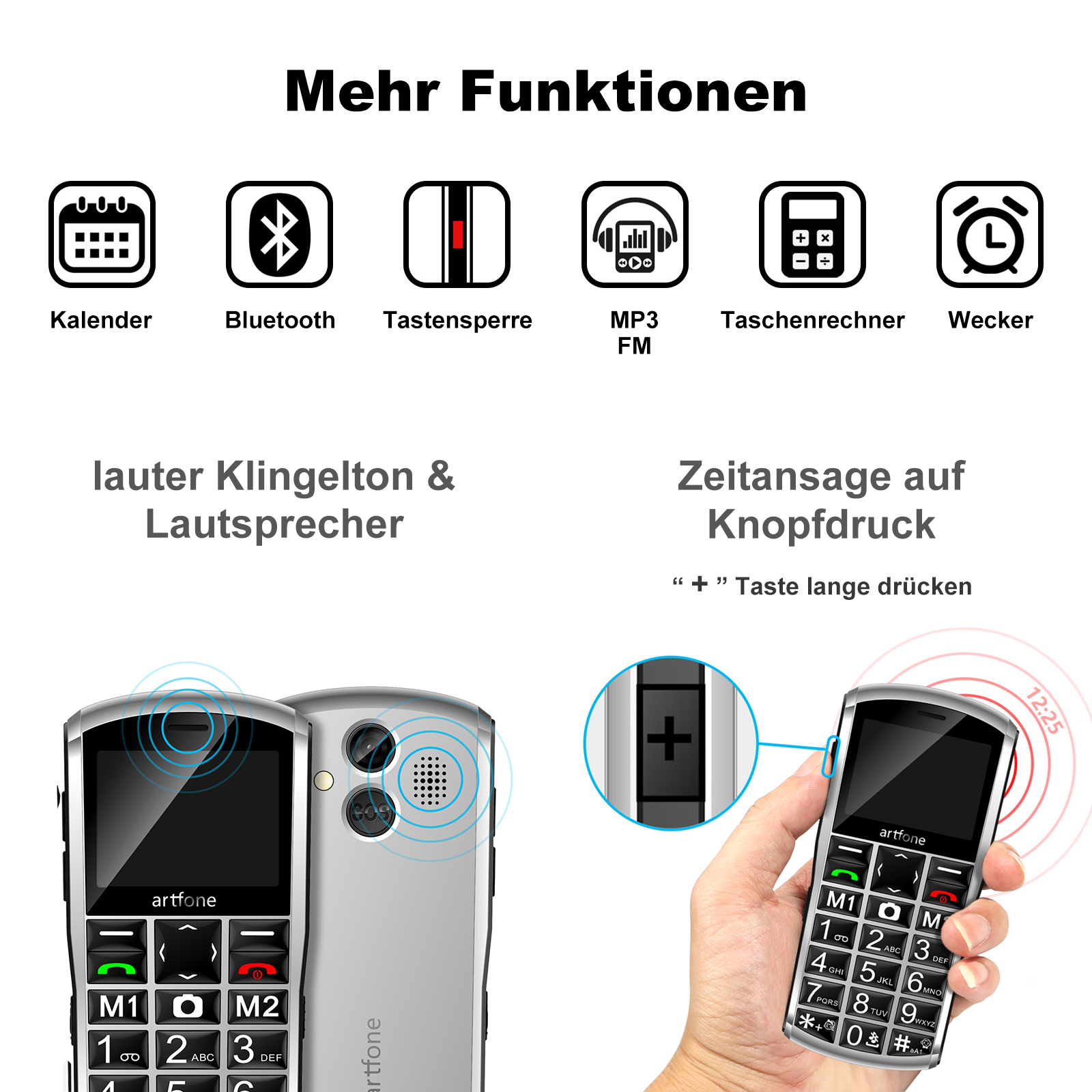 Due telefoni cellulari base con icone come calendario, Bluetooth, calcolatrice.