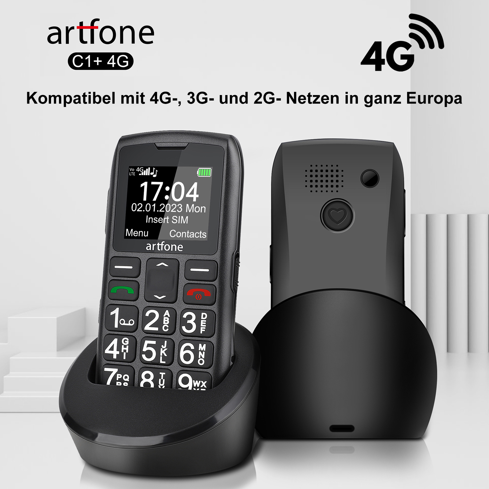 Schwarzes Artfone-Mobiltelefon mit Dockingstation, das Datum und Uhrzeit auf dem Bildschirm anzeigt.