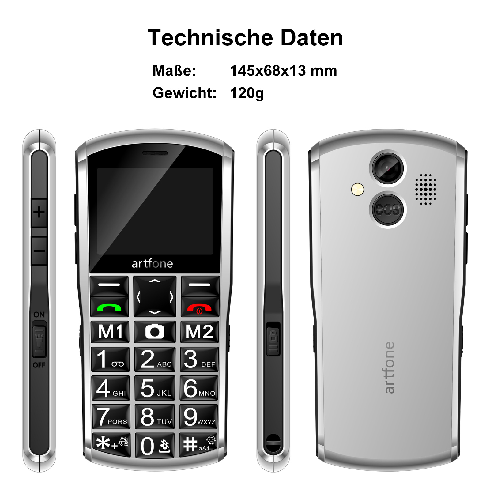 Un telefono argentato con schermo nero e tasti numerici è mostrato da più angolazioni. Testo in alto.
